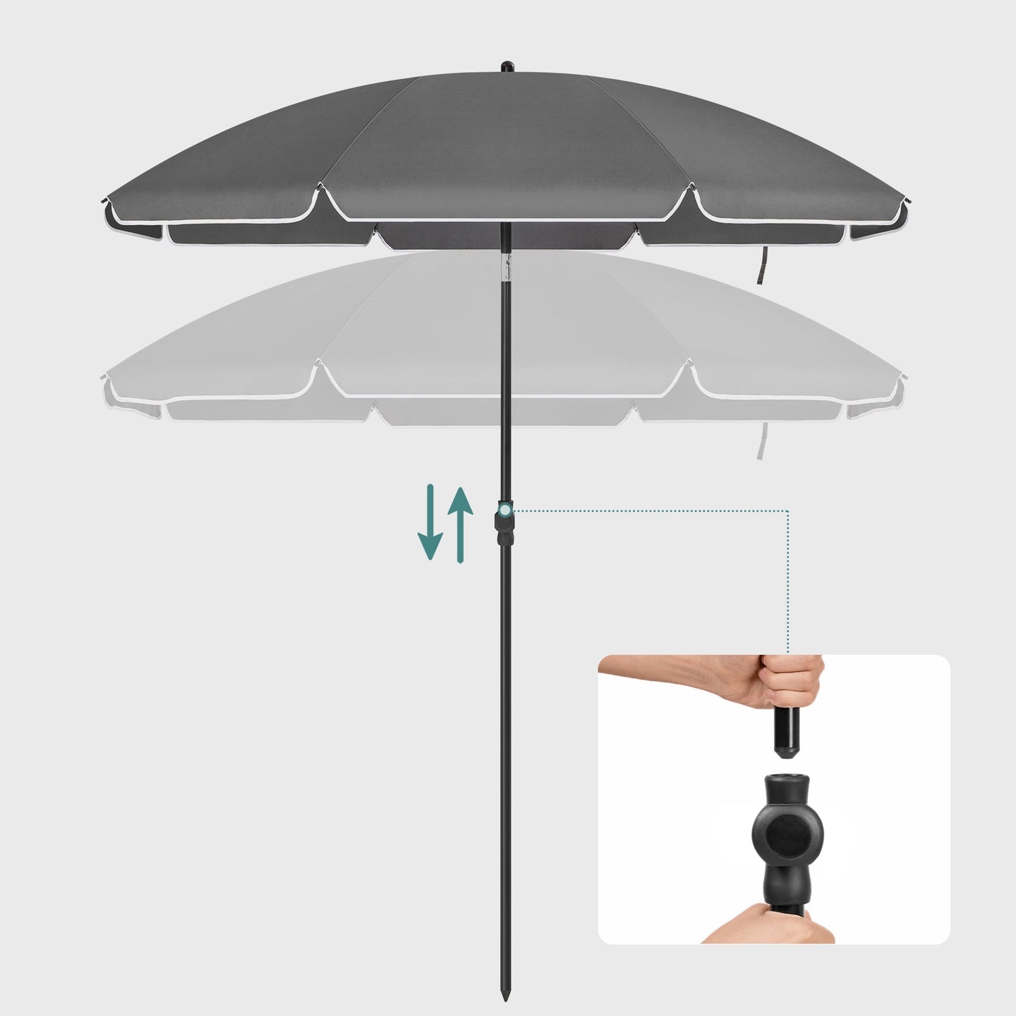 Beach Umbrella - Polyester - Grey - UPF 50+ Sun Protection with Tilt Mechanism