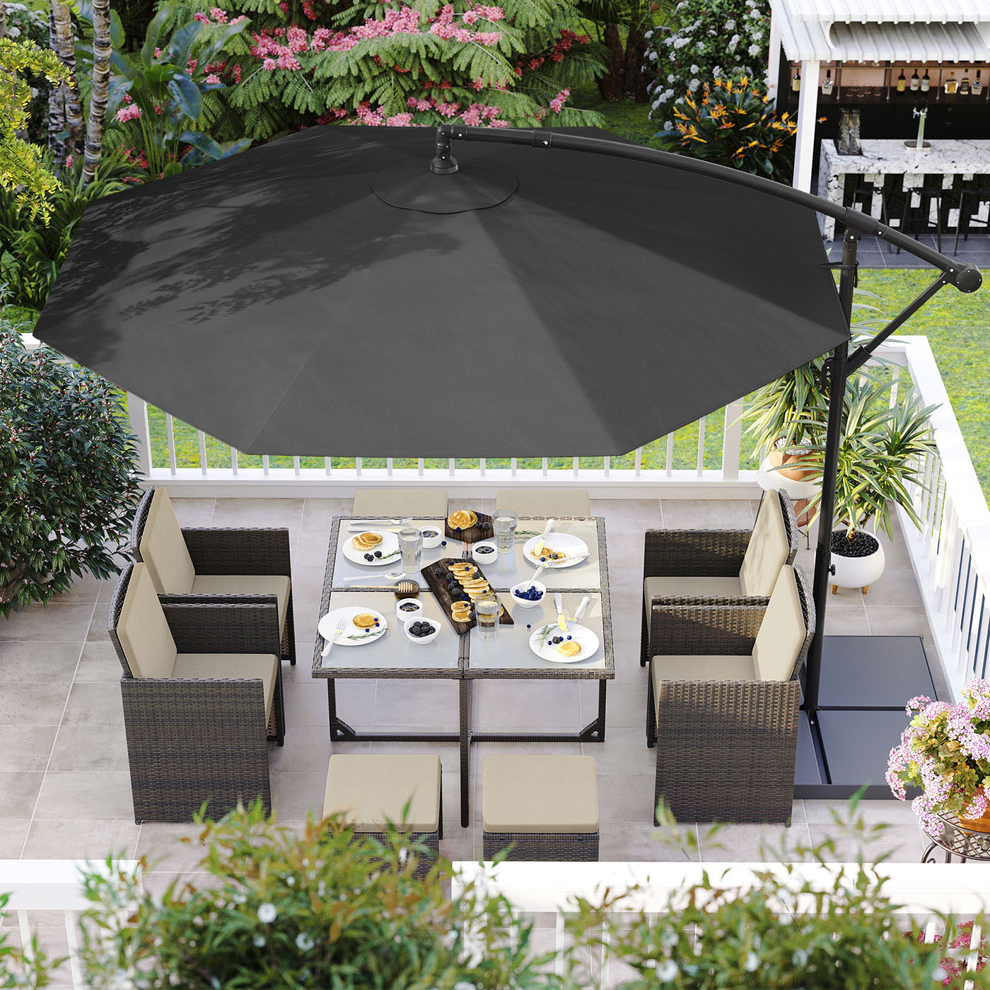 Cantilever Garden Parasol - Fabric - Grey - 3 m with Crank and UPF 50+ Sun Protection