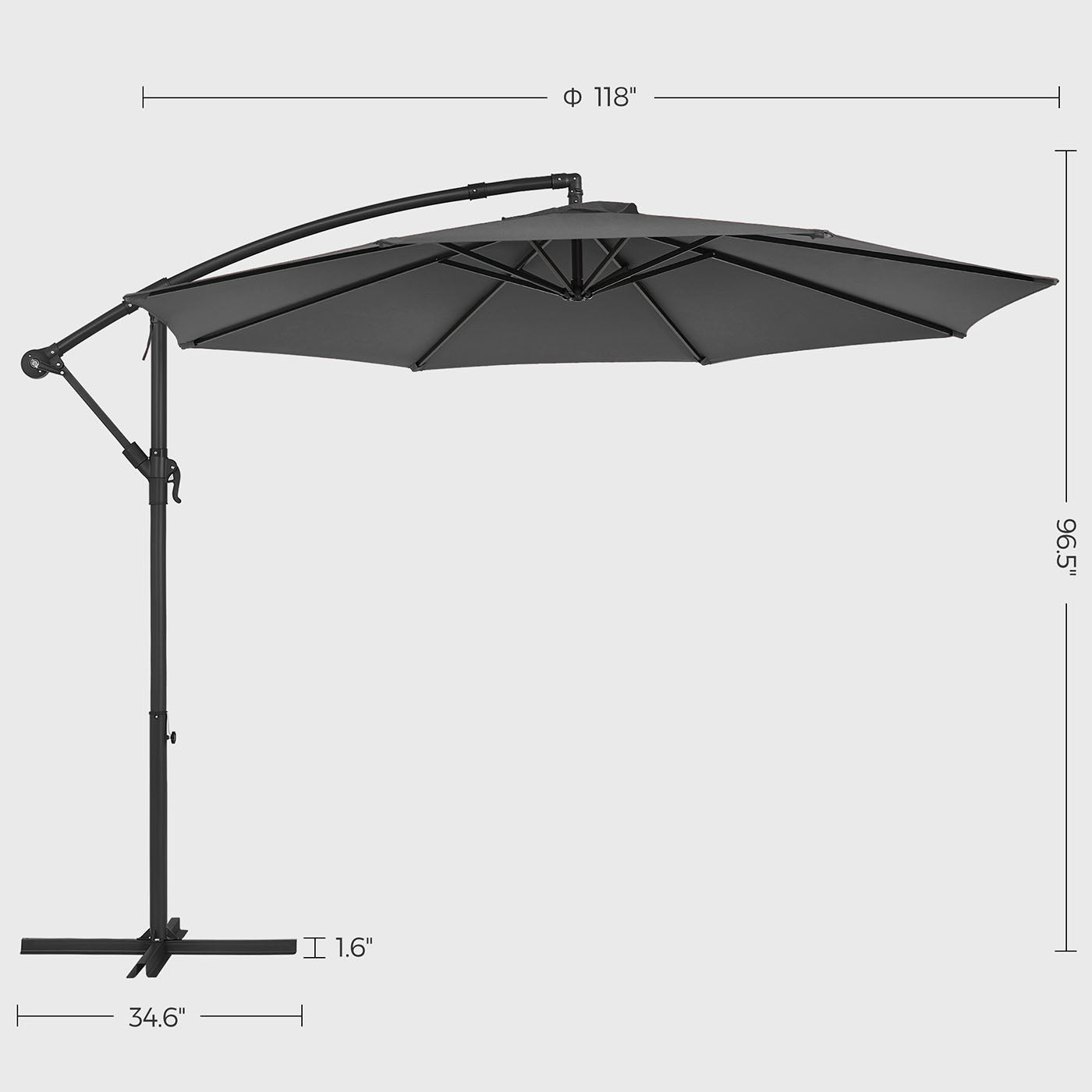 Cantilever Garden Parasol - Fabric - Grey - 3 m with Crank and UPF 50+ Sun Protection