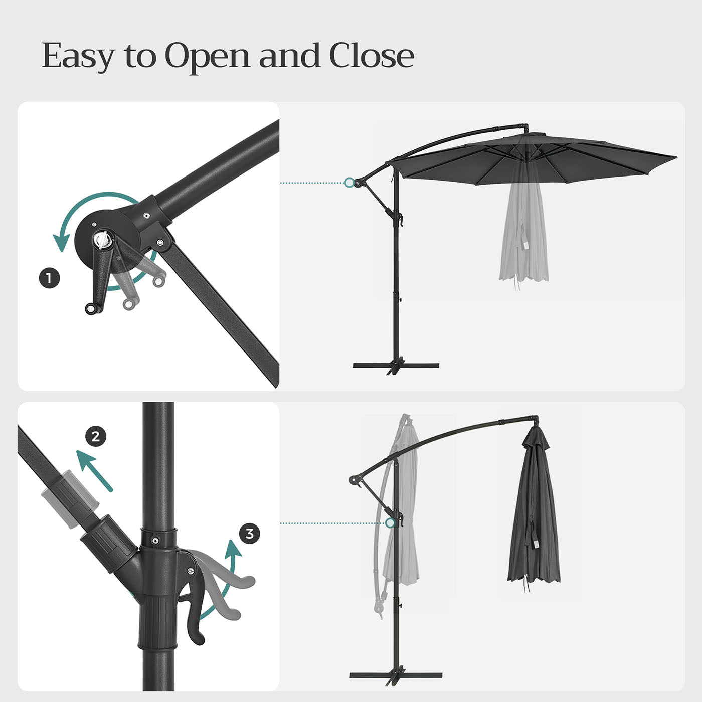Cantilever Garden Parasol - Fabric - Grey - 3 m with Crank and UPF 50+ Sun Protection