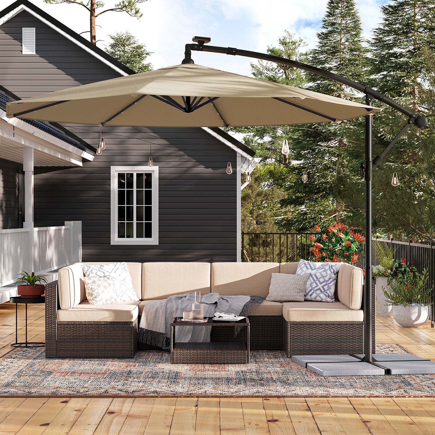 Cantilever Patio Umbrella - Fabric - Red - Solar-Powered LED Lights