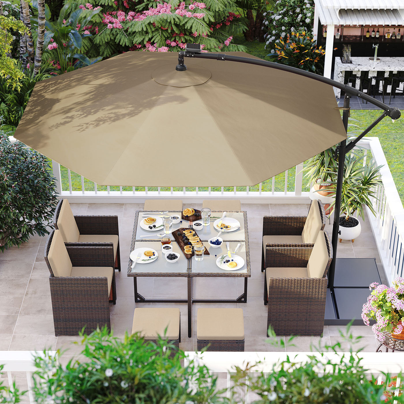 Cantilever Patio Umbrella - Fabric - Red - Solar-Powered LED Lights