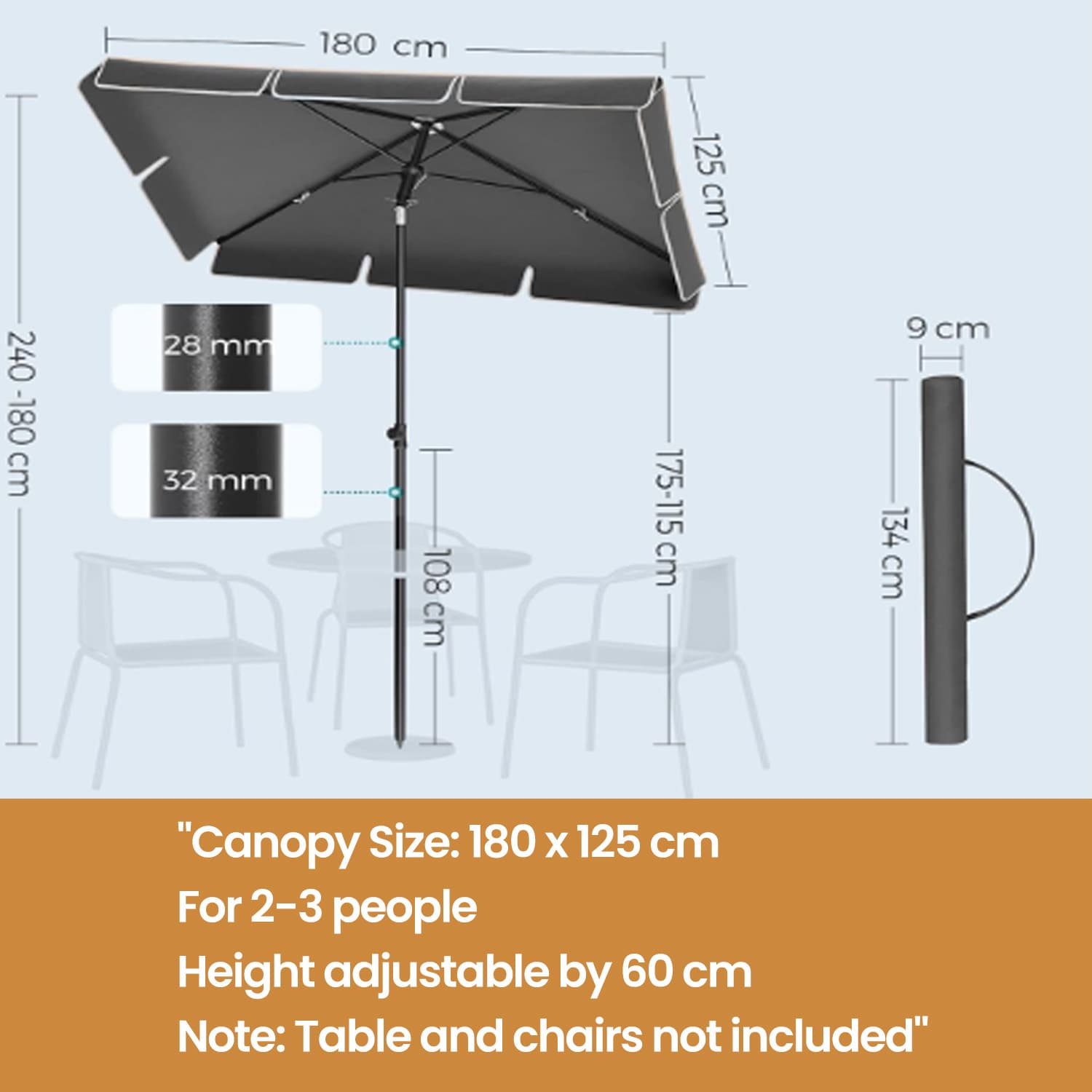 Outdoor Umbrella - Fabric - Grey - Tilting Canopy with UPF 50+ Protection