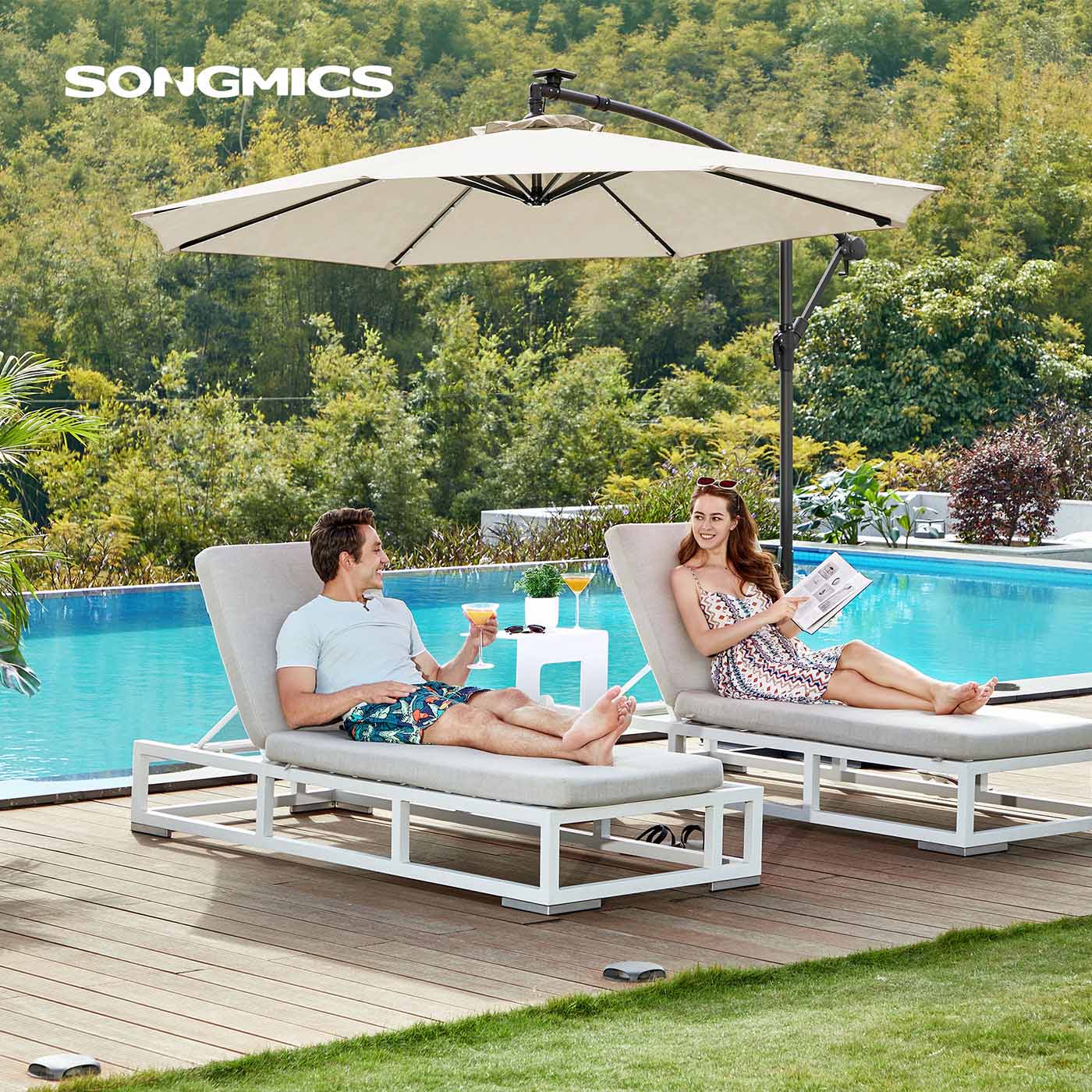 Cantilever Garden Parasol - Fabric - Red - Solar-Powered LED Lights
