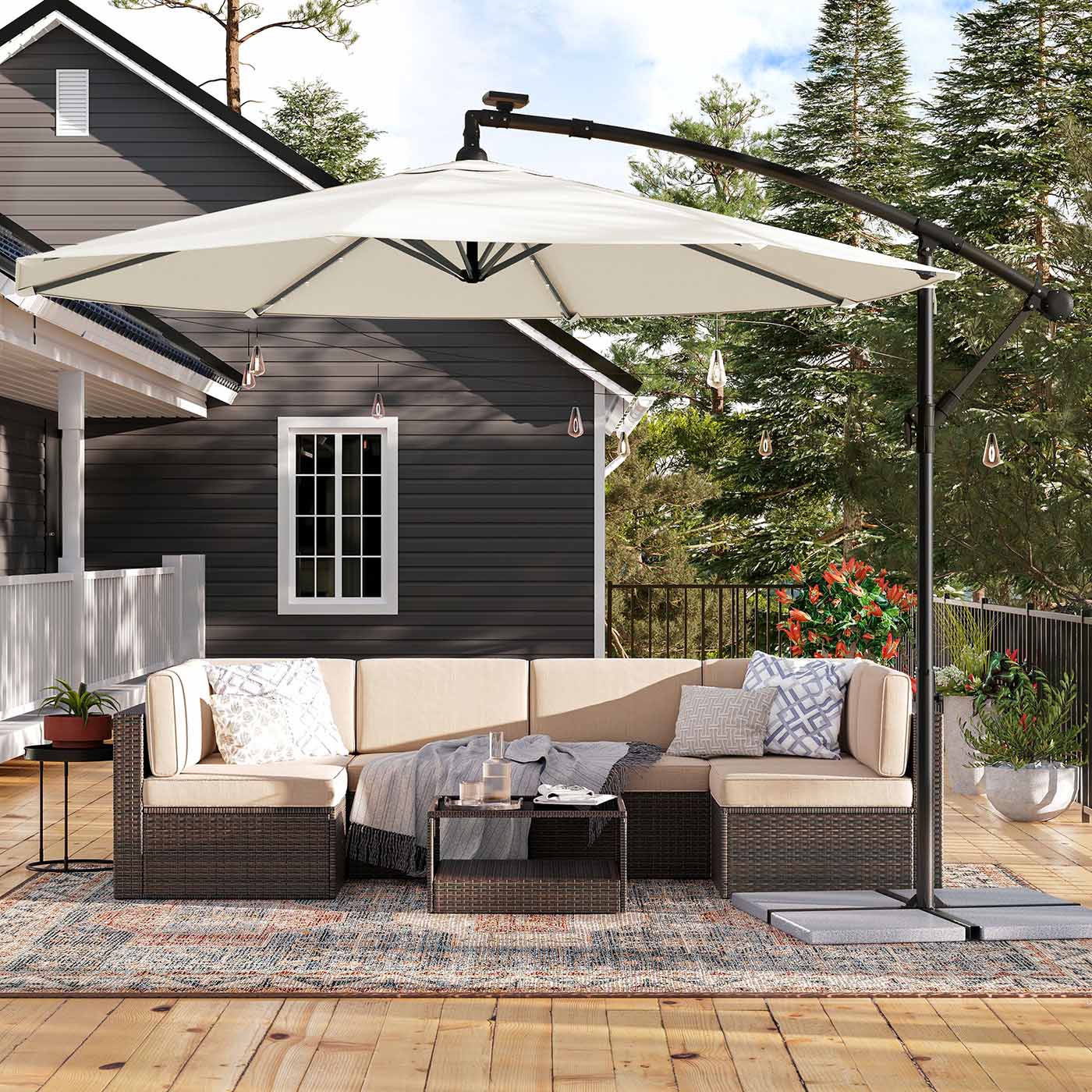Cantilever Garden Parasol - Fabric - Red - Solar-Powered LED Lights