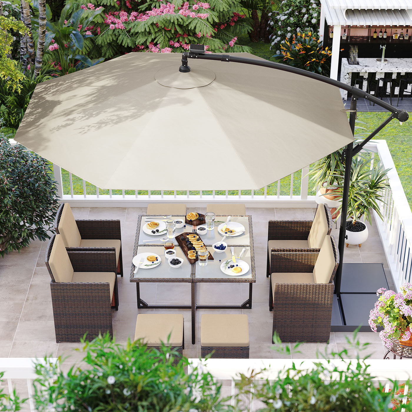 Cantilever Garden Parasol - Fabric - Red - Solar-Powered LED Lights