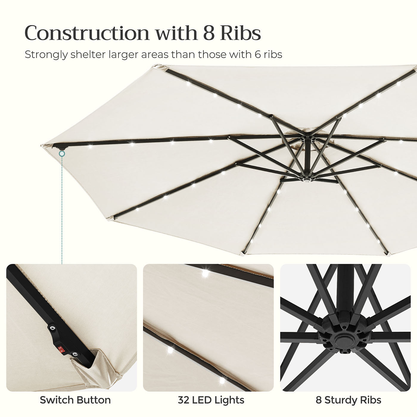 Cantilever Garden Parasol - Fabric - Red - Solar-Powered LED Lights