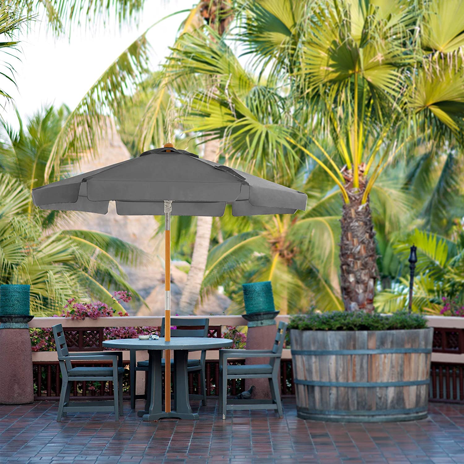 Wooden Patio Umbrella - Wood - Beige - UV Protection UPF 50+ with Tilt Feature
