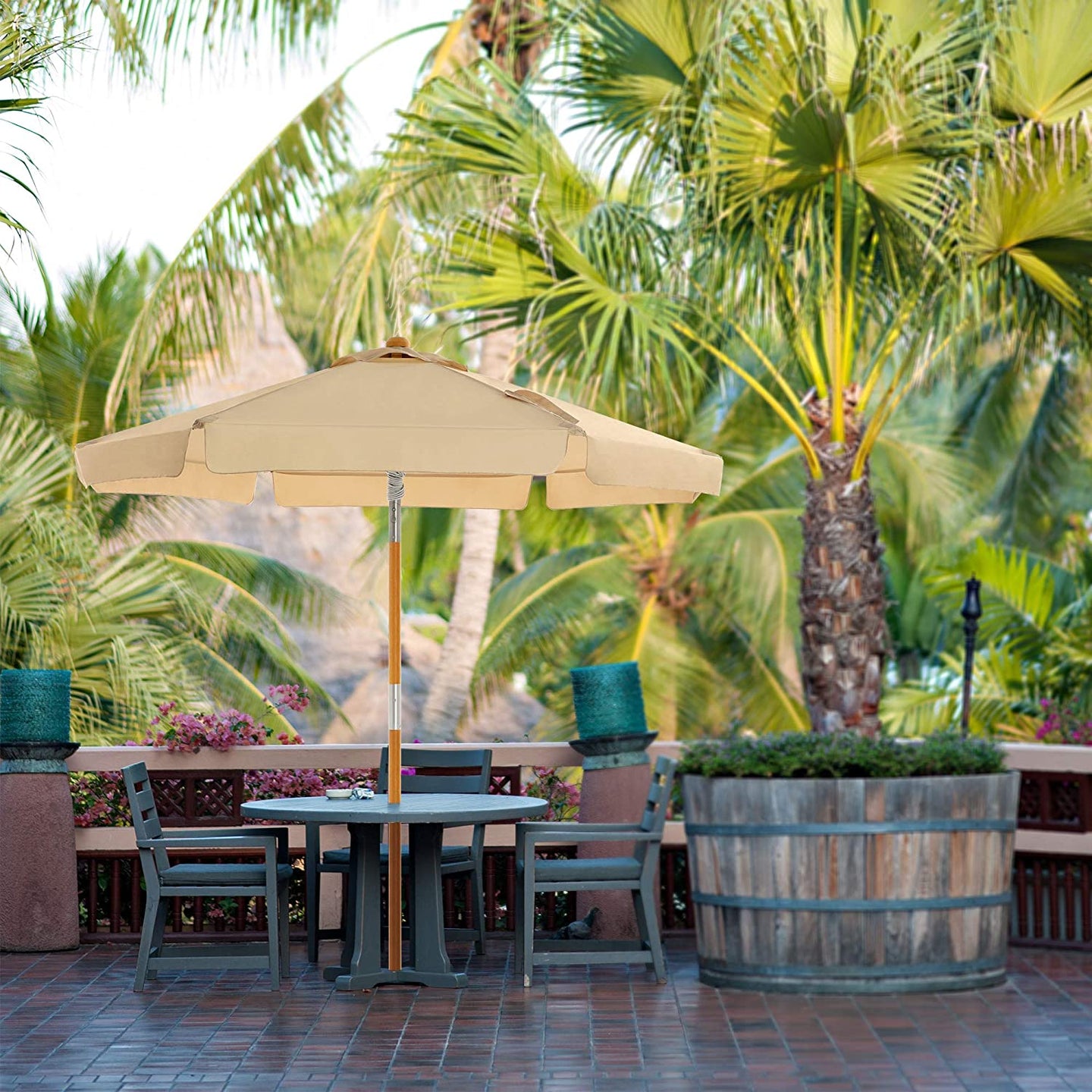 Garden Parasol - Wood - Beige - 2m with UPF 50+ Protection and Tilt Feature