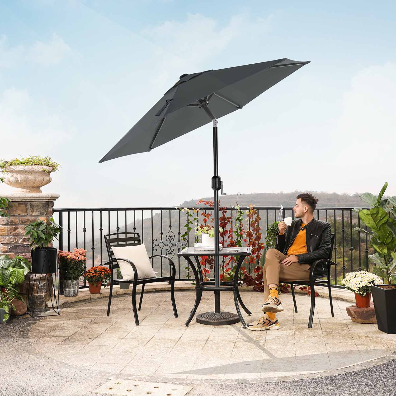 Adjustable Parasol Umbrella - Metal - Grey - 2 m with UPF 50+ Protection and Tiltable Feature