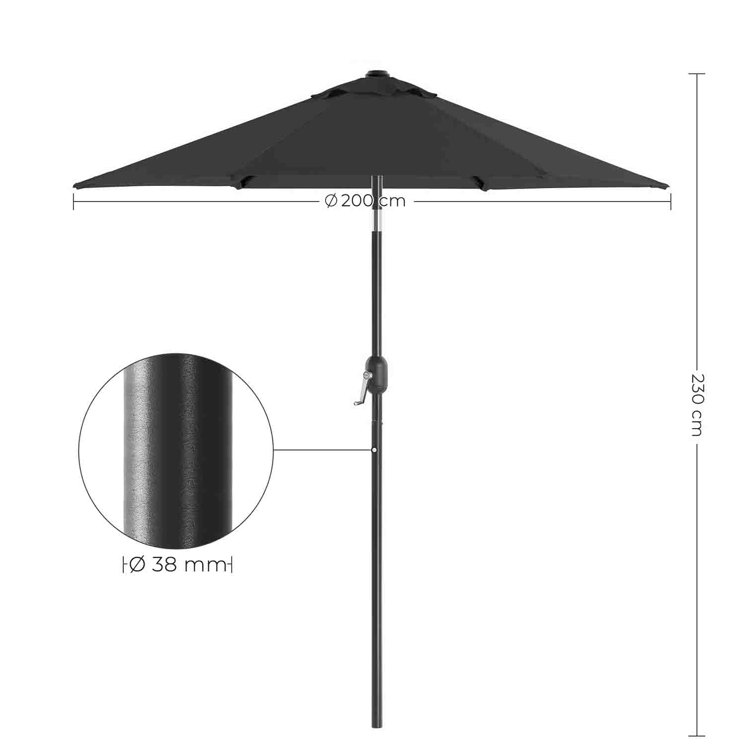 Adjustable Parasol Umbrella - Metal - Grey - 2 m with UPF 50+ Protection and Tiltable Feature