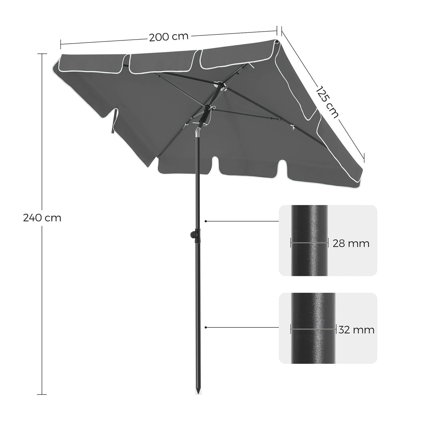 Rectangular Parasol - Polyester - Grey - Adjustable with Tilt Mechanism and Carry Bag