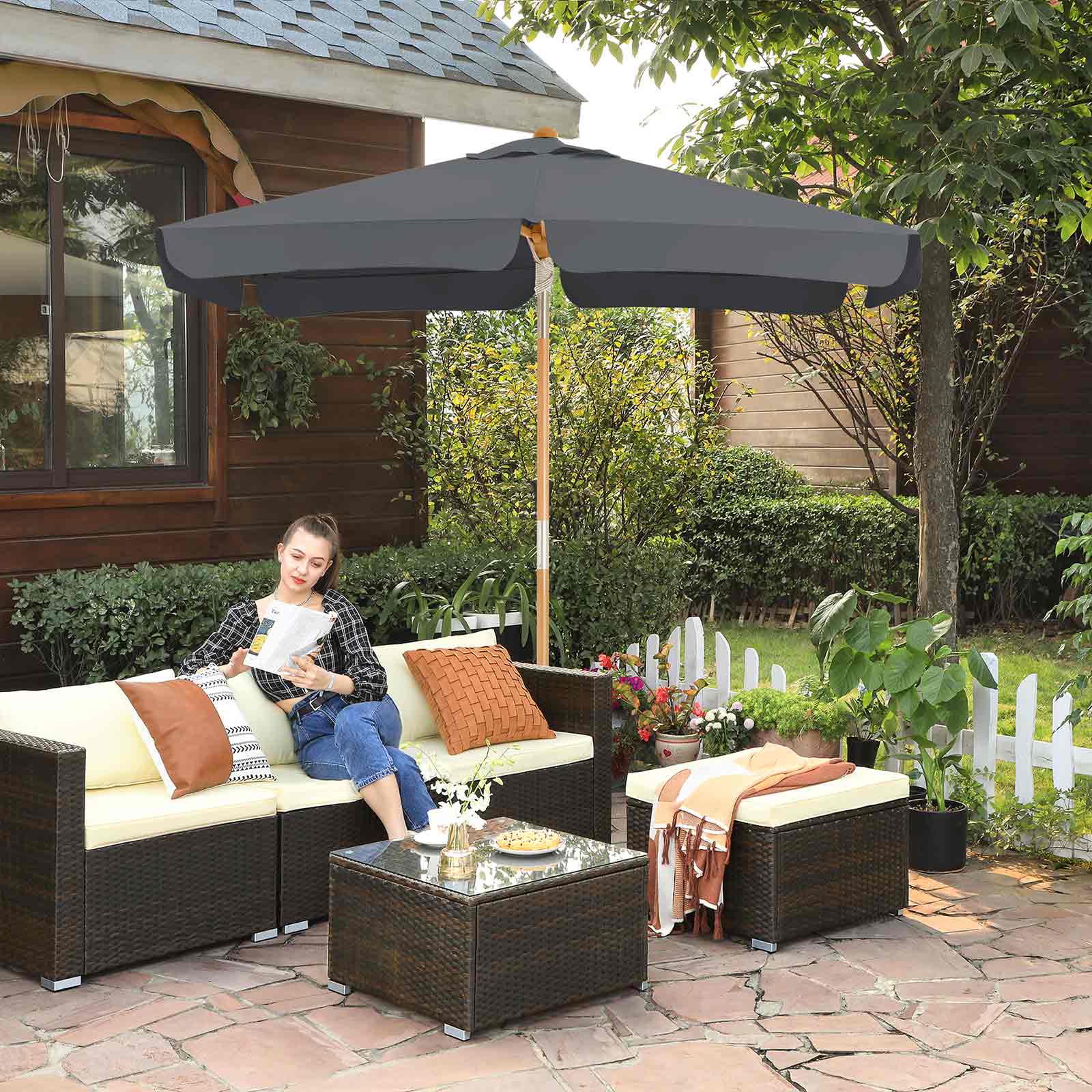 Adjustable Rectangular Parasol - Wood - Grey - Sun Protection with Tilt Mechanism