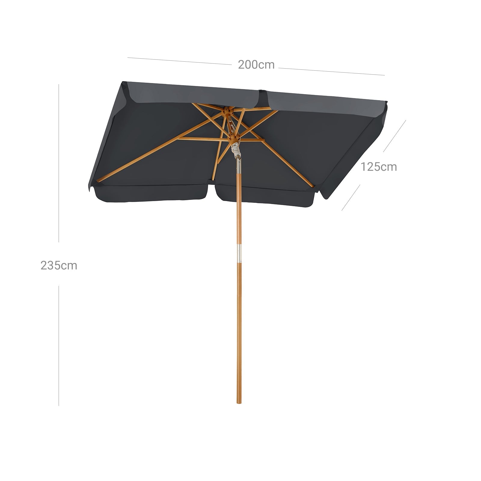 Adjustable Rectangular Parasol - Wood - Grey - Sun Protection with Tilt Mechanism