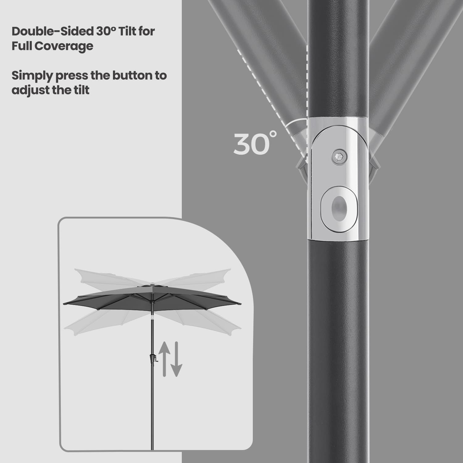 Outdoor Umbrella - Fabric - Grey - UPF 50+ Sun Shade with Double-Sided 30° Tilt