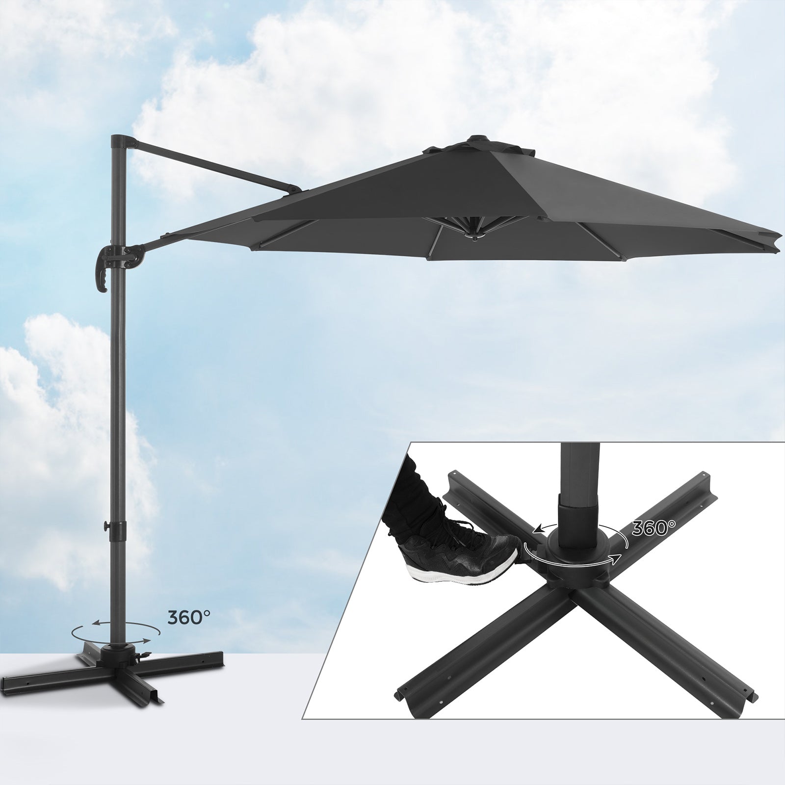 Cantilever Parasol - Fabric - Grey - 360° Rotation
