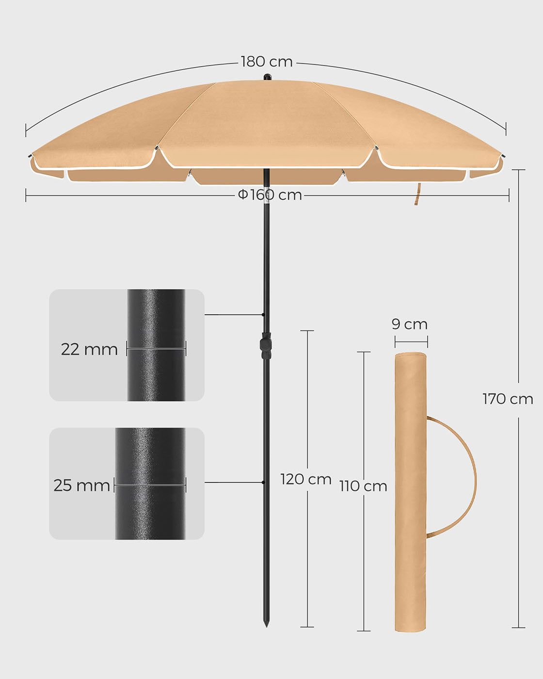 Beach Umbrella - Polyester - Blue - UV50+ Protection with Tilt Mechanism