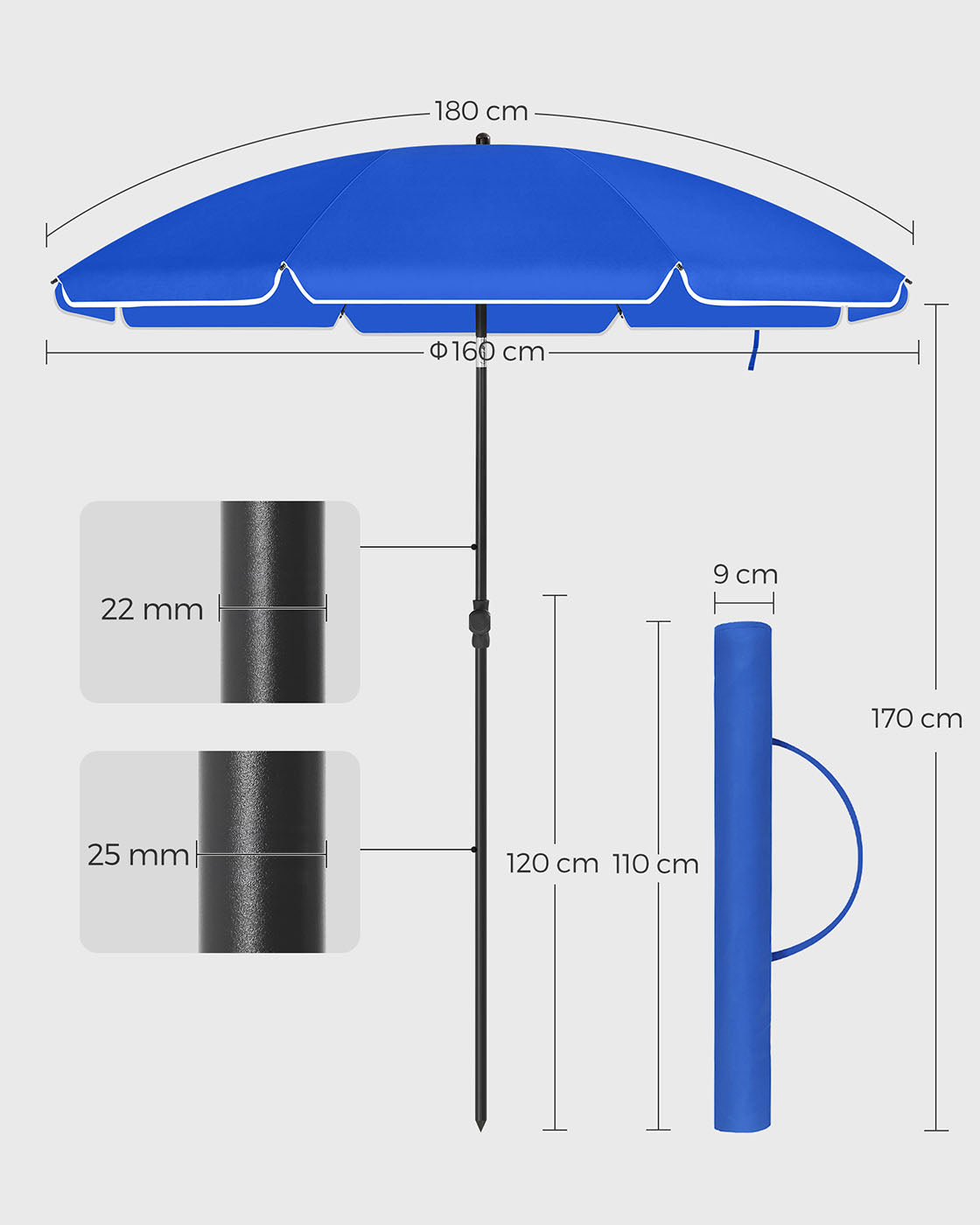 Beach Umbrella - Polyester - Blue - UV50+ Protection with Tilt Mechanism and Carry Bag