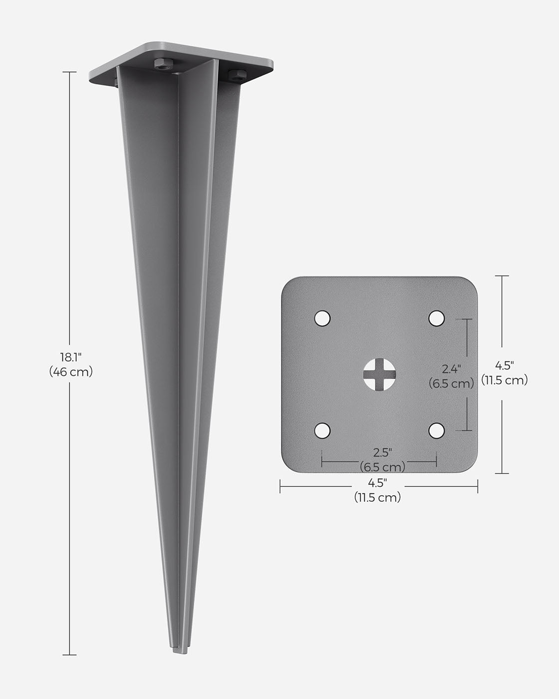 Metal Post Anchor - Steel - Grey - Drive-in Ground Anchor 46 x 11.5 x 11.5 cm