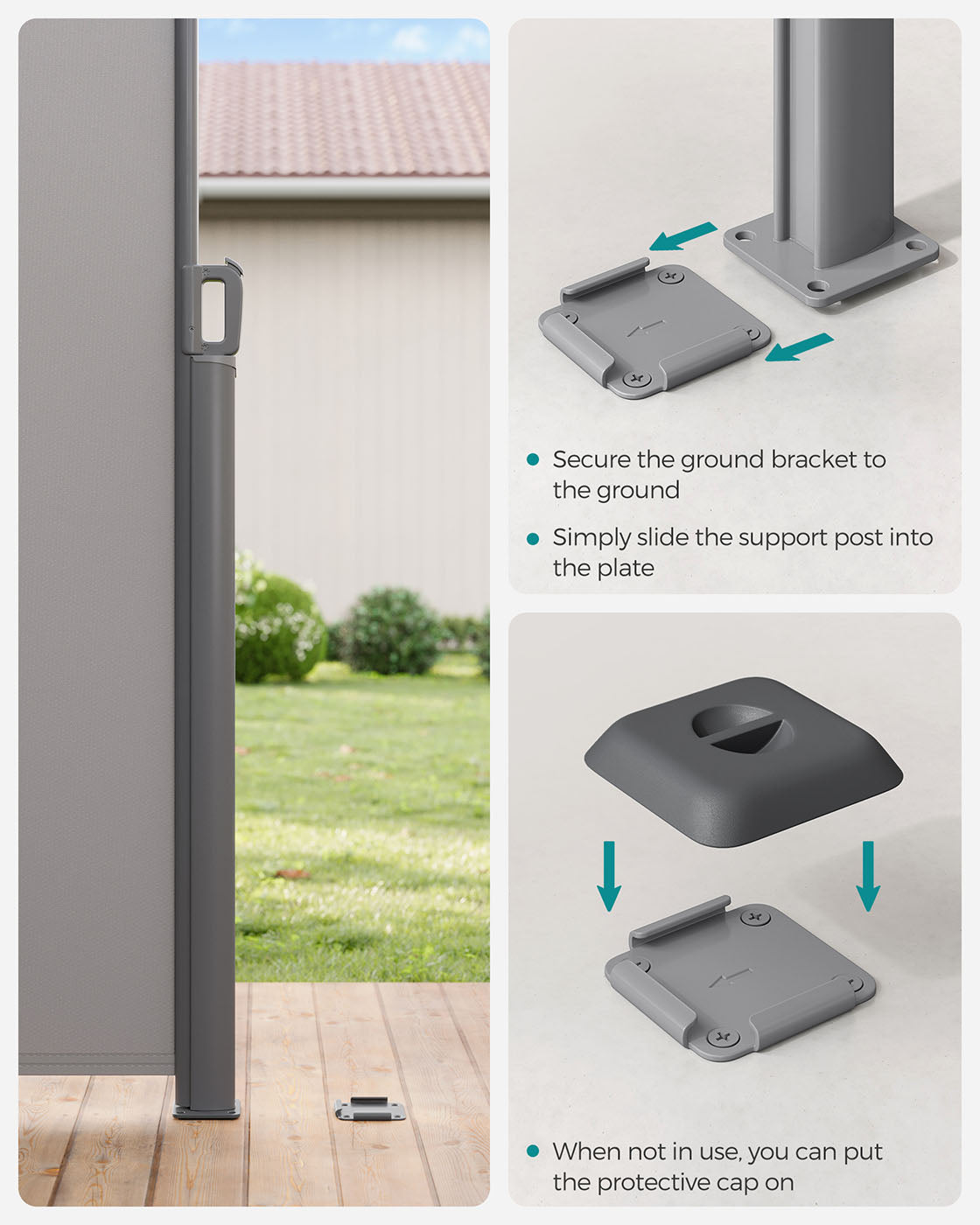 Metal Base Plate - Steel - Silver - Suitable for Awning Support Posts with Plastic Cap
