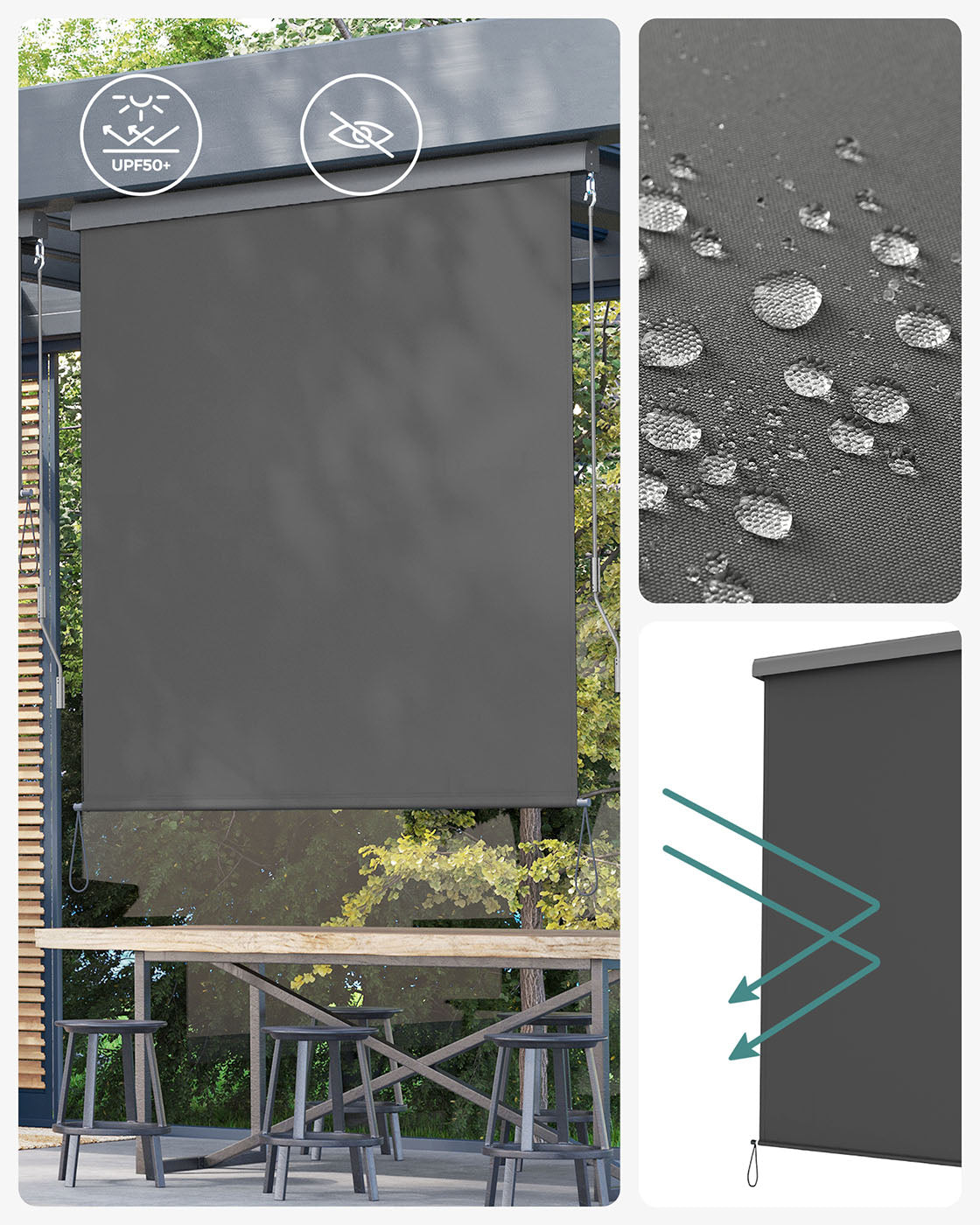 Vertical Awning - Waterproof Fabric - Smoky Grey - Outdoor Wind and Sun Protection
