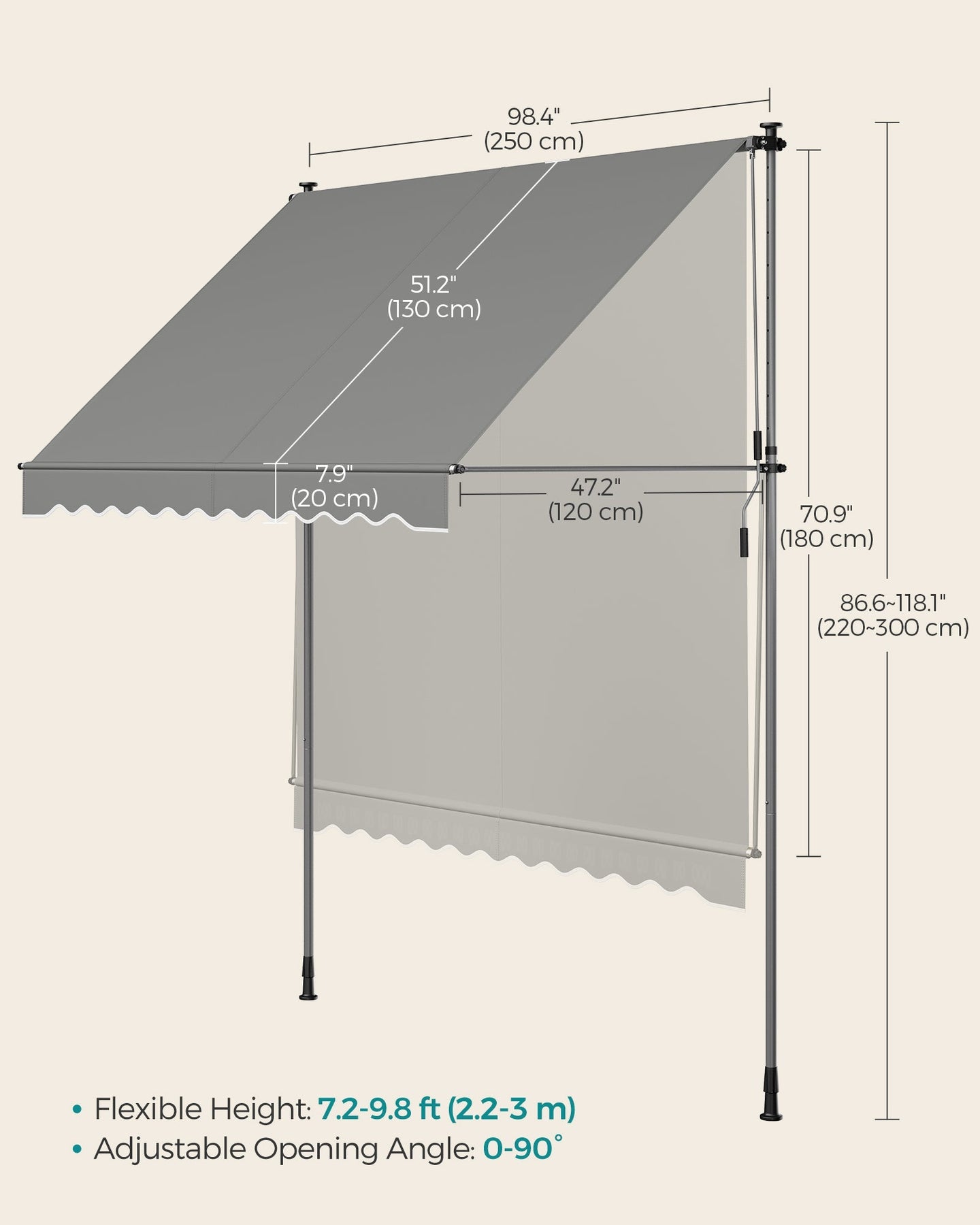 Manual Retractable Awning - Fabric - Dove Grey - Height-Adjustable with Crank