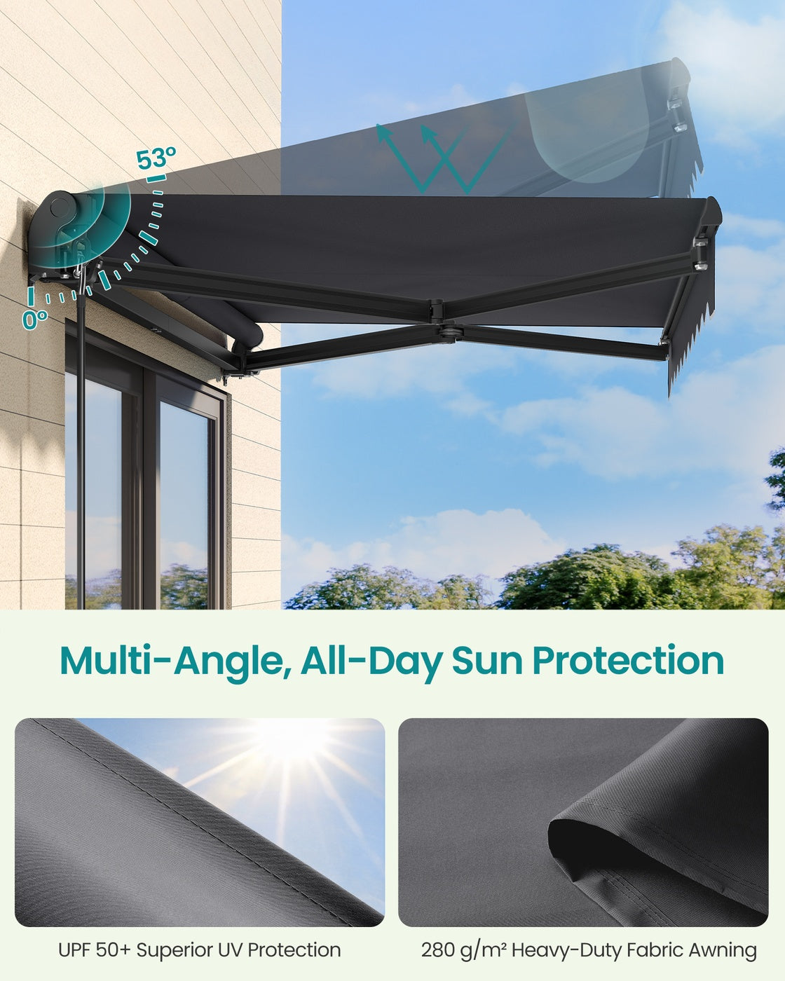 Retractable Patio Awning - 250 x 200 - Aluminum Alloy - Retractable Design