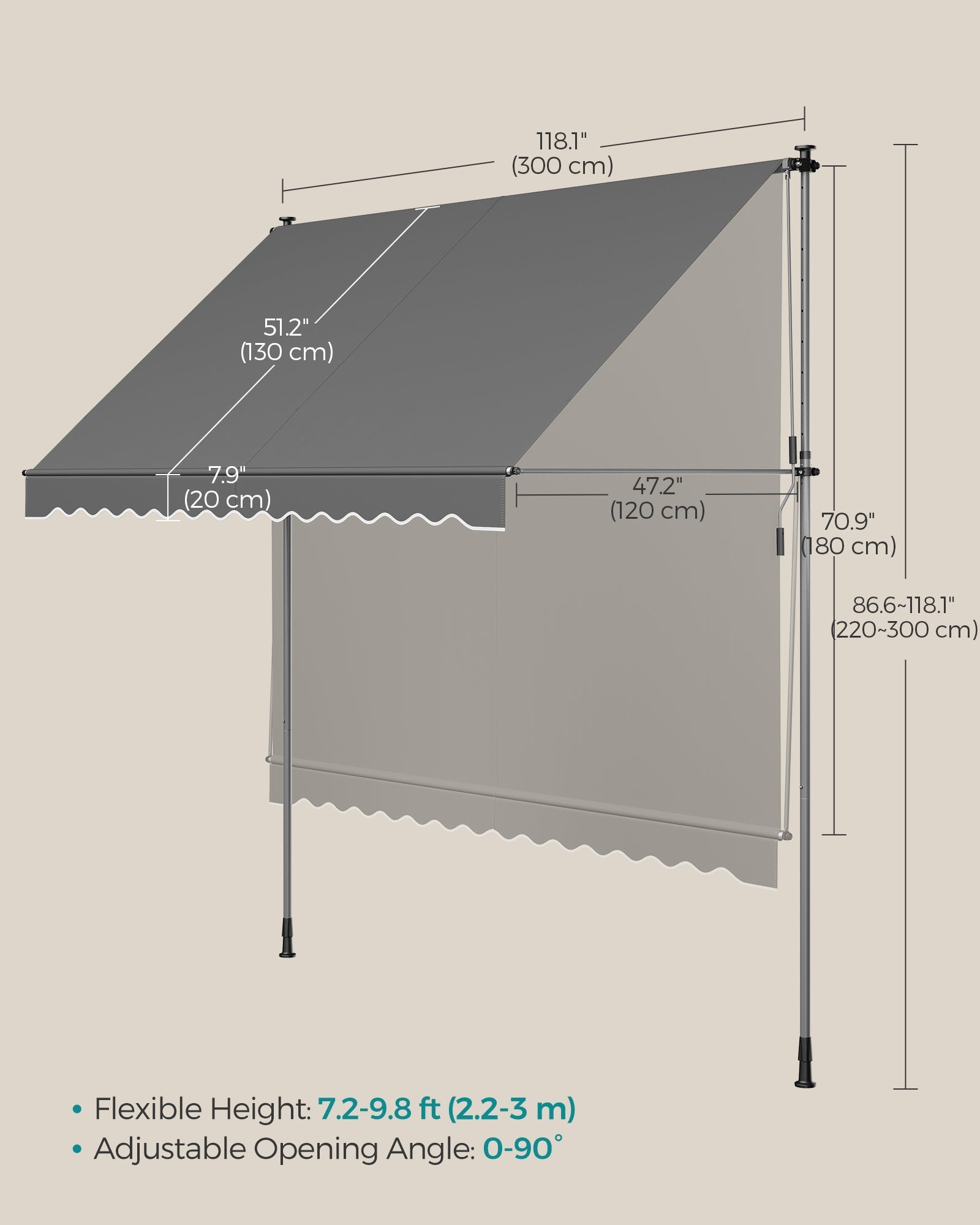 Height-Adjustable Awning - Fabric - Anthracite Grey - Manual Retractable Sunshade for Balcony