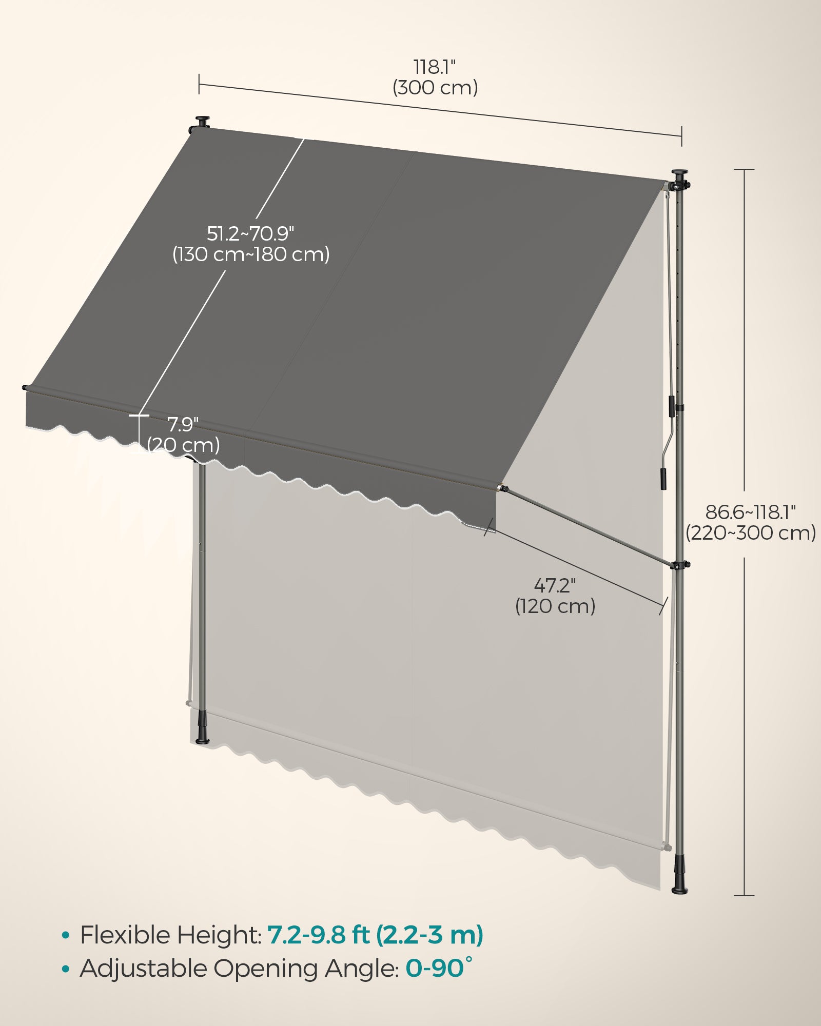 Height-Adjustable Awning - Fabric - Anthracite Grey - Manual Retractable Sunshade for Balcony
