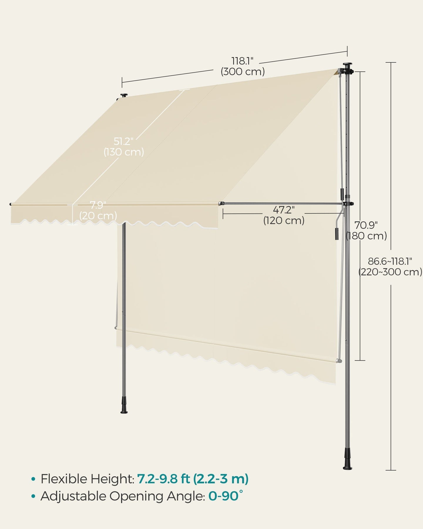 Manual Retractable Awning - Fabric - Beige - Height-Adjustable with Crank