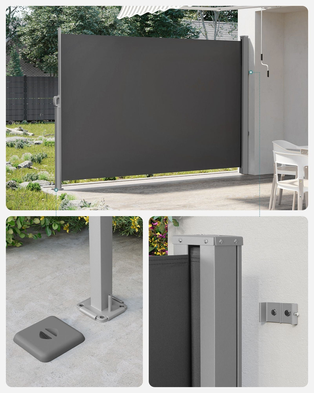 Extendable Side Awning - Fabric - Smoky Grey - Privacy Protection and Sun Shade 180 x 400 cm