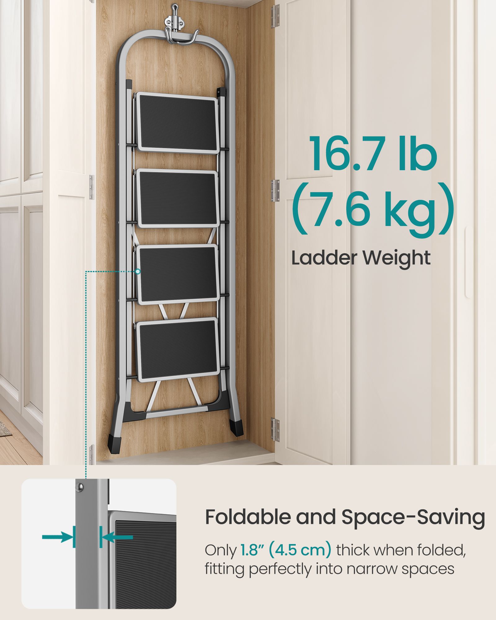 Folding Ladder - Metal - Dove Grey - 4 Steps with Safety Lock
