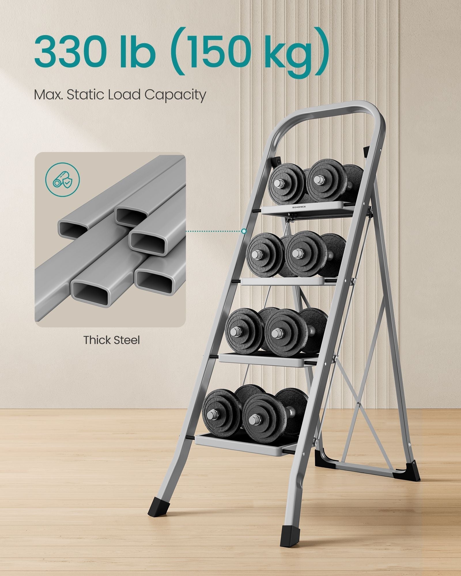 Folding Ladder - Metal - Dove Grey - 4 Steps with Safety Lock