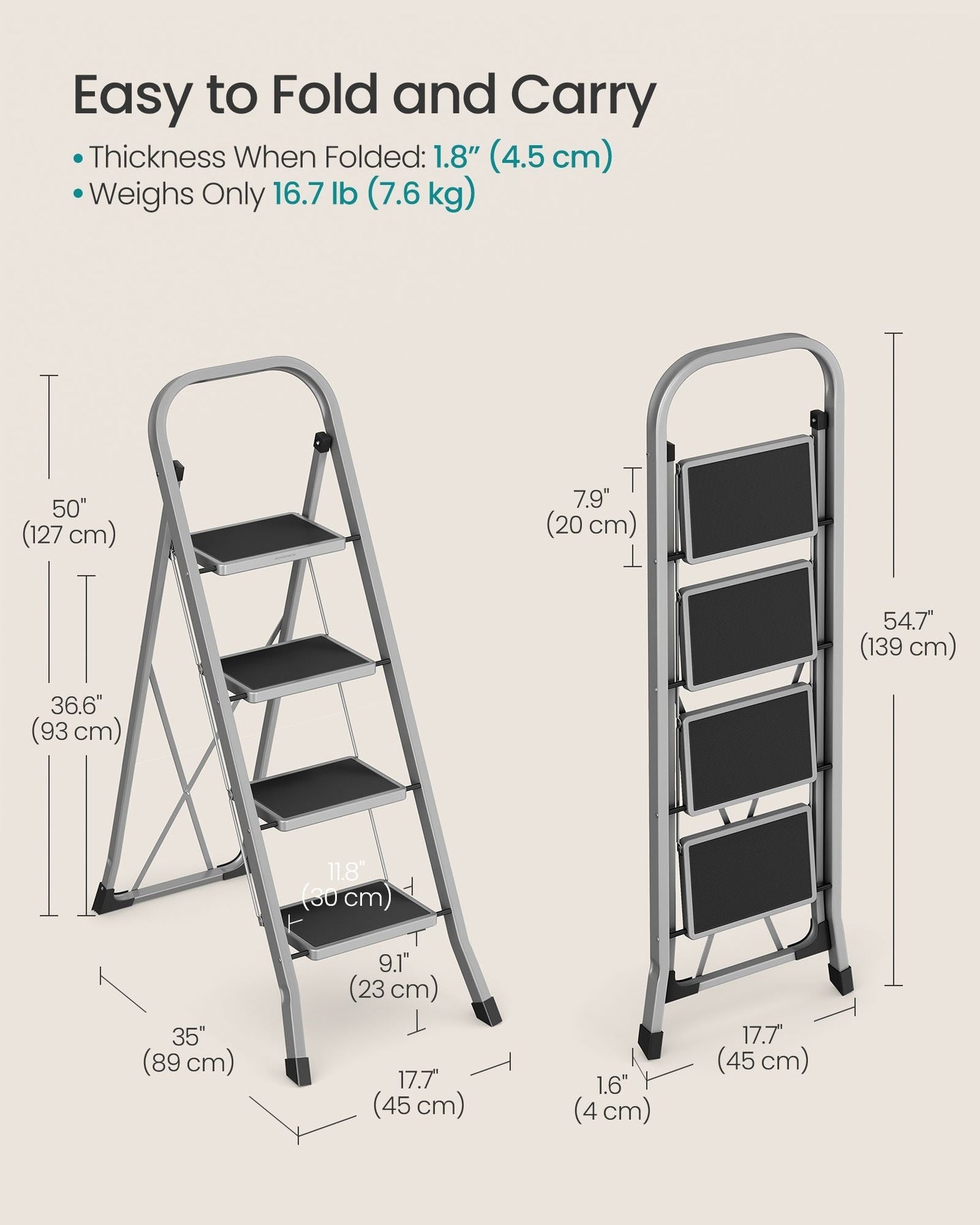 Folding Ladder - Metal - Dove Grey - 4 Steps with Safety Lock