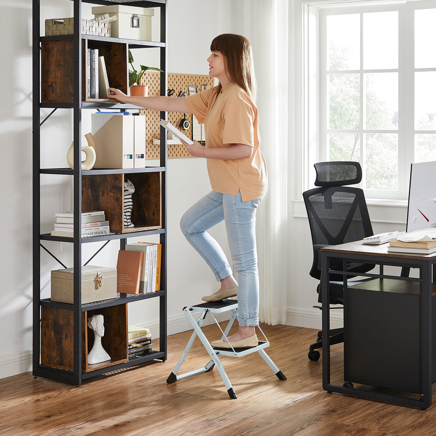 Folding 2 Step Ladder - Heavy Duty Steel - Black - Portable with Anti-Slip Mat