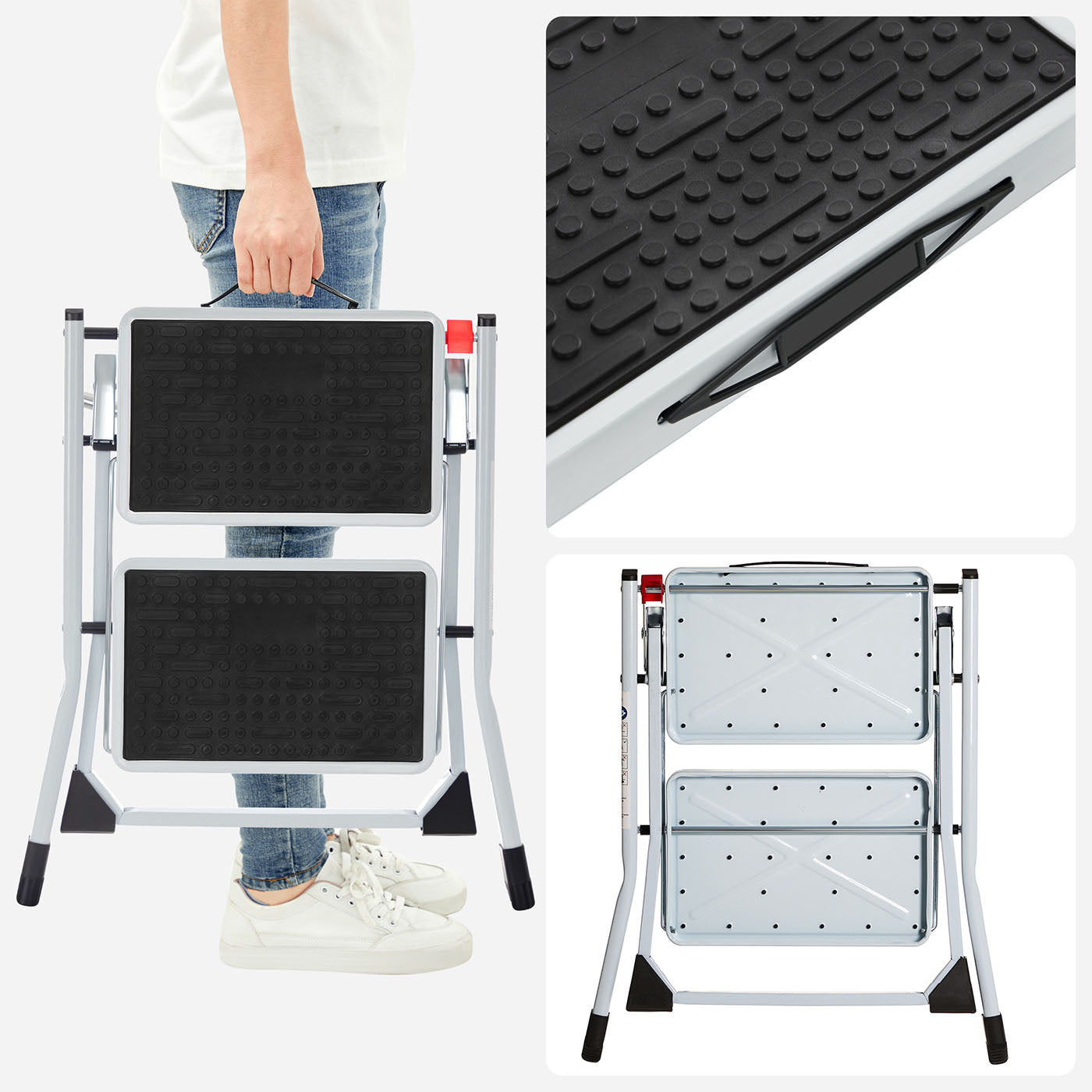Folding 2 Step Ladder - Heavy Duty Steel - Black - Portable with Anti-Slip Mat