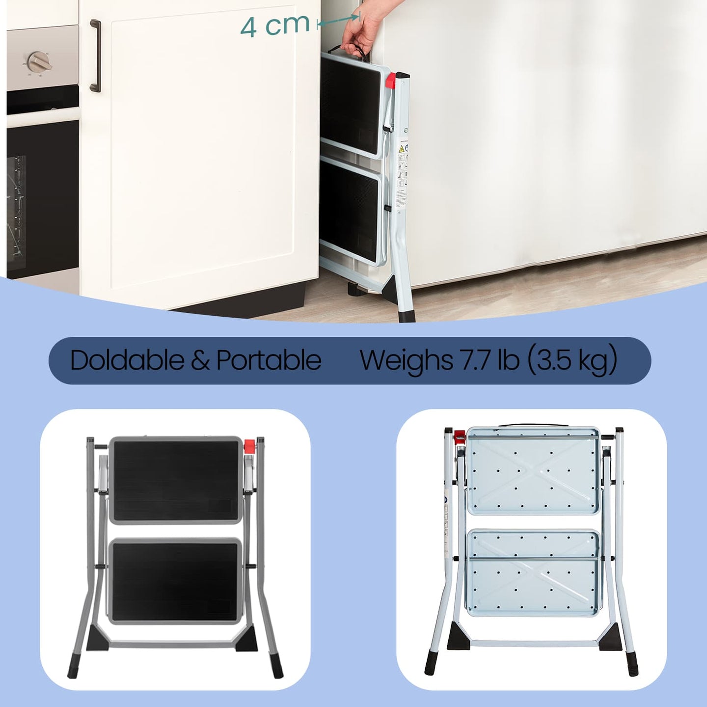 Folding 2-Step Ladder - Metal - Grey
