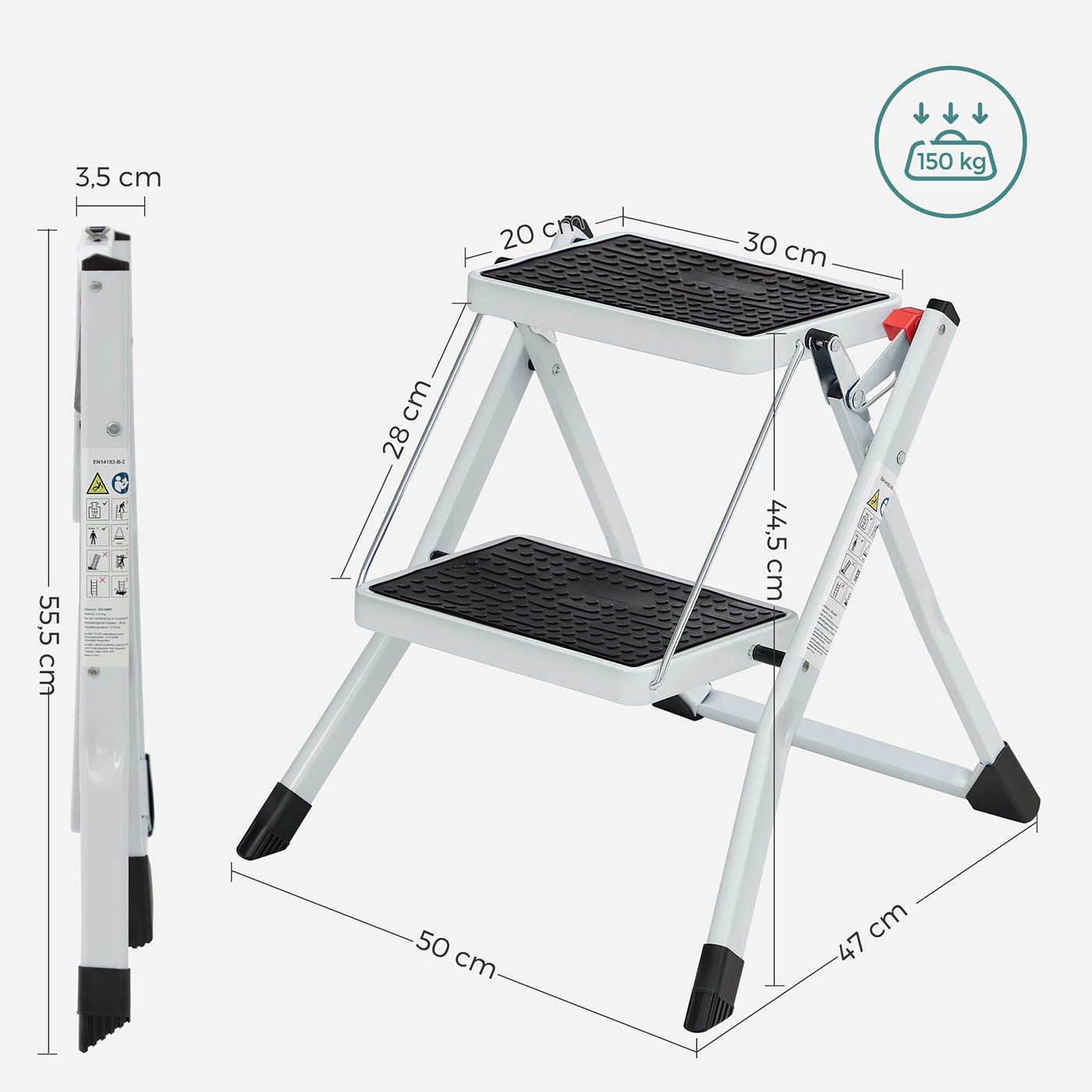 Folding 2 Step Ladder - Heavy Duty Steel - Black - Portable with Anti-Slip Mat