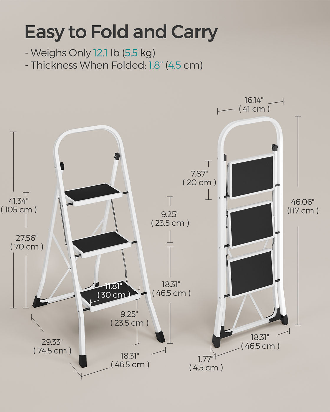 3 Step Ladder - Heavy Duty Steel - Folding and Portable