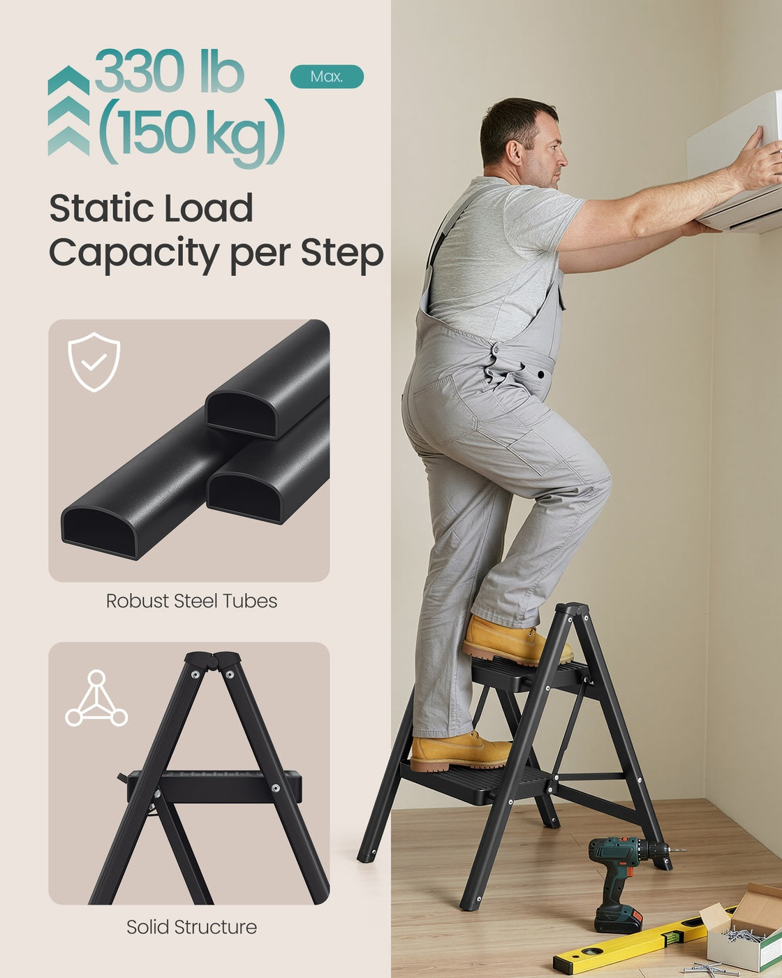 2-Step Ladder - 5.2L - Heavy-Duty Steel - Holds up to 150 kg