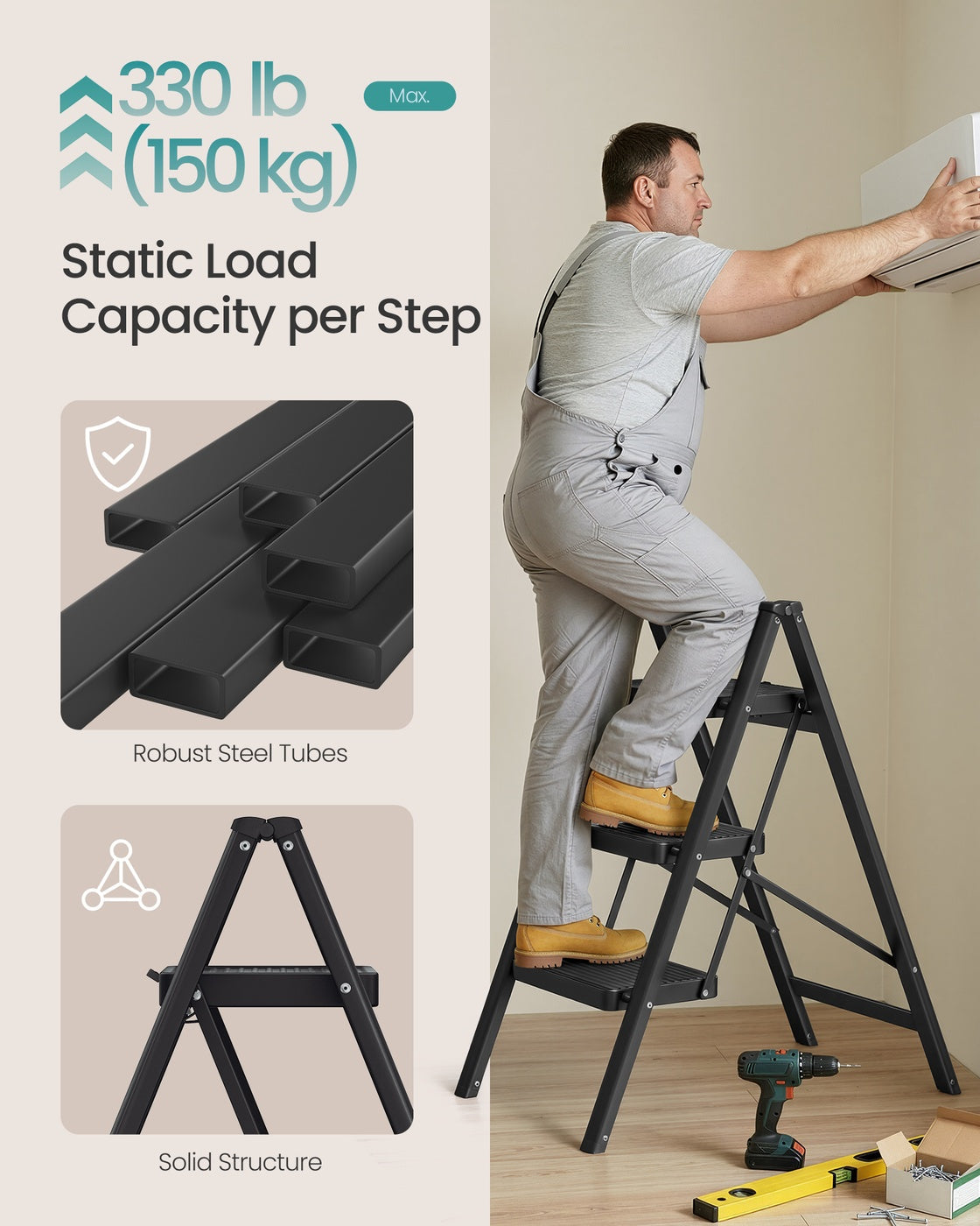 Heavy-Duty Step Ladder - 2-Step - Steel - Supports up to 330 lbs