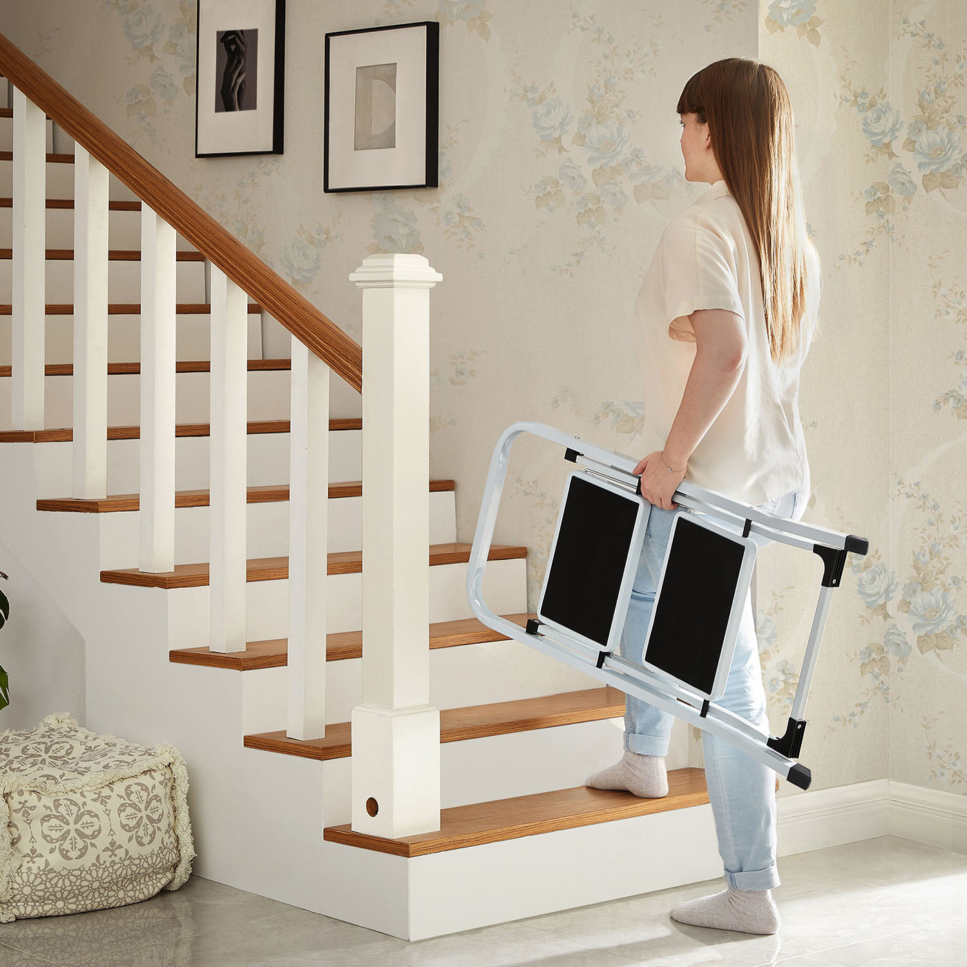 Portable 2 Step Ladder - Steel - White
