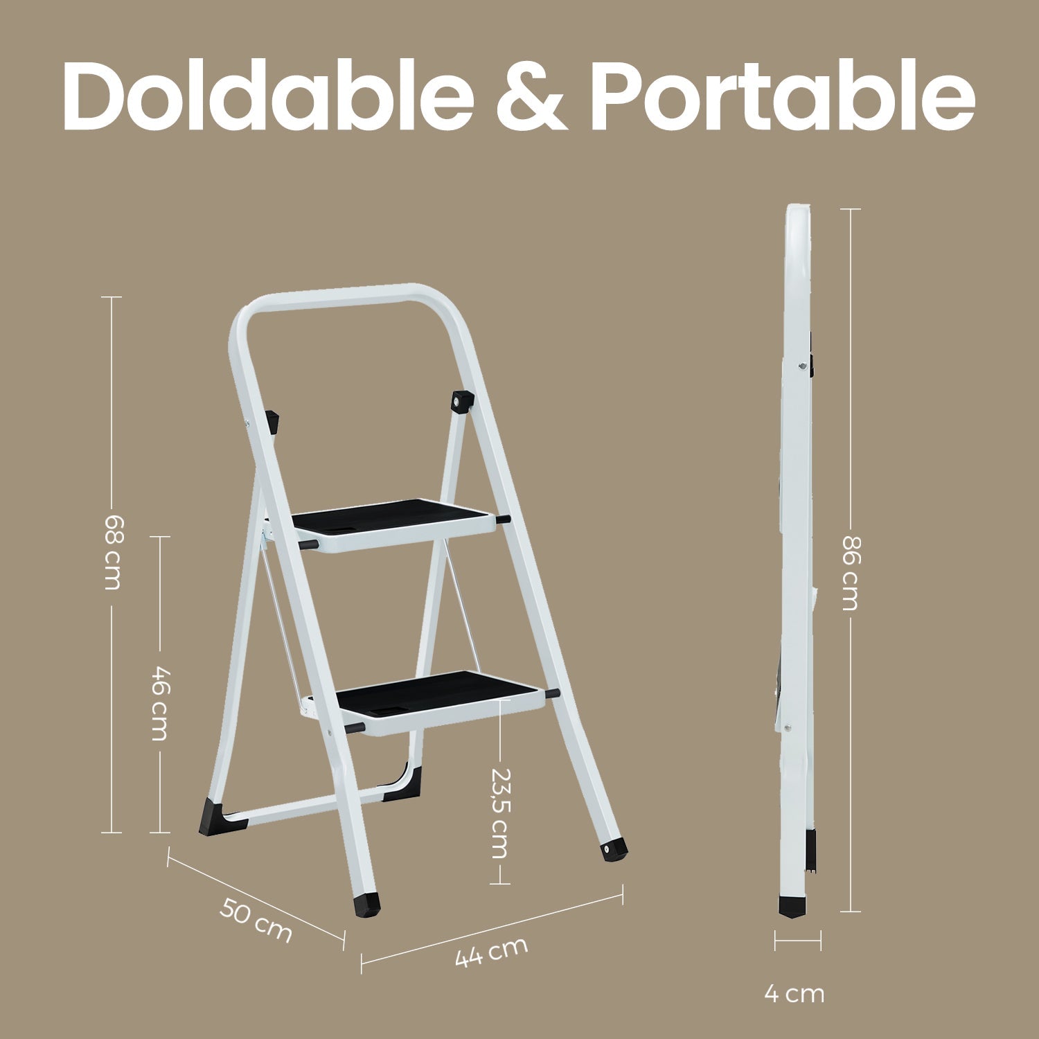Portable Folding Ladder - 2 Steps - Metal - White