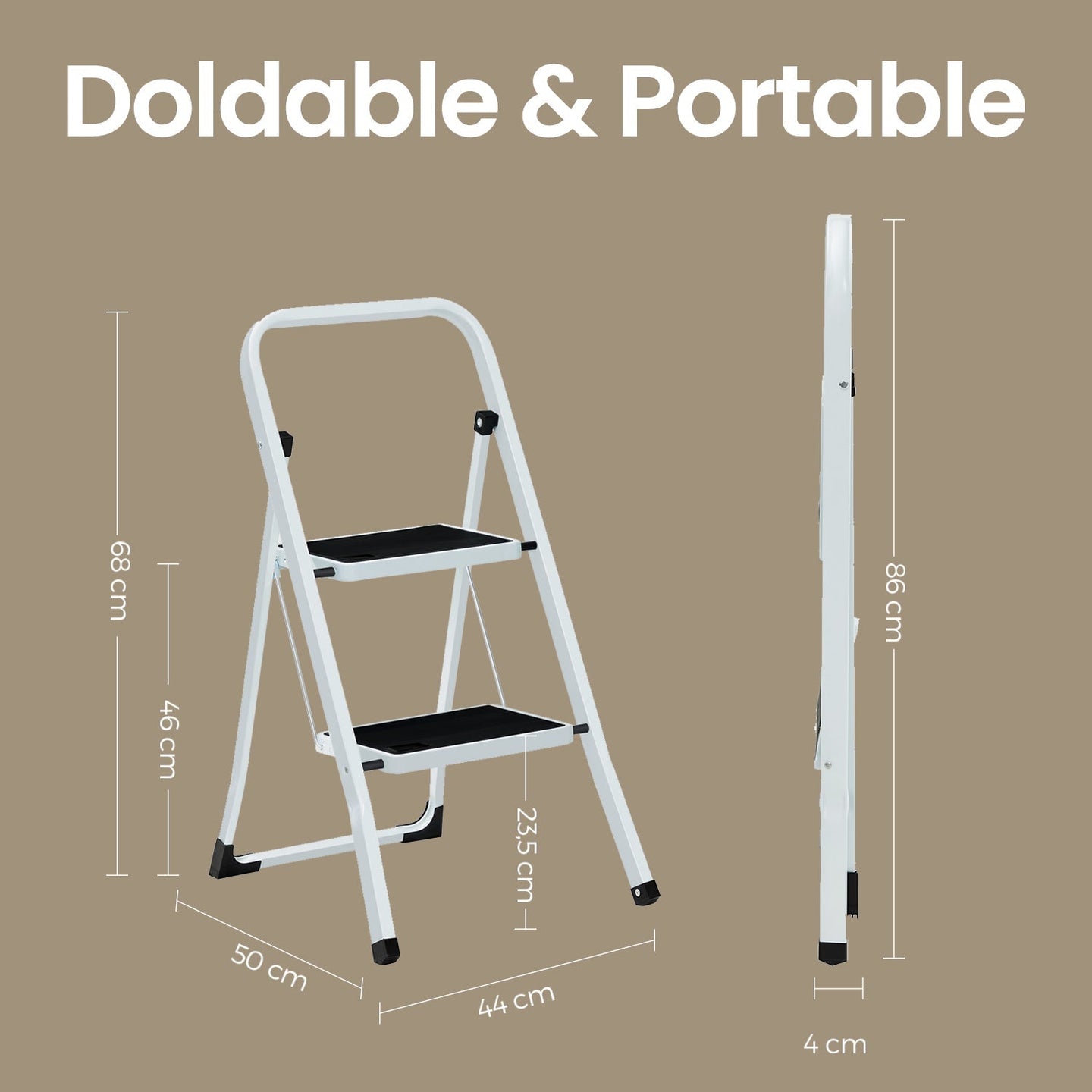 Portable Folding Ladder - 2 Steps - Metal - White