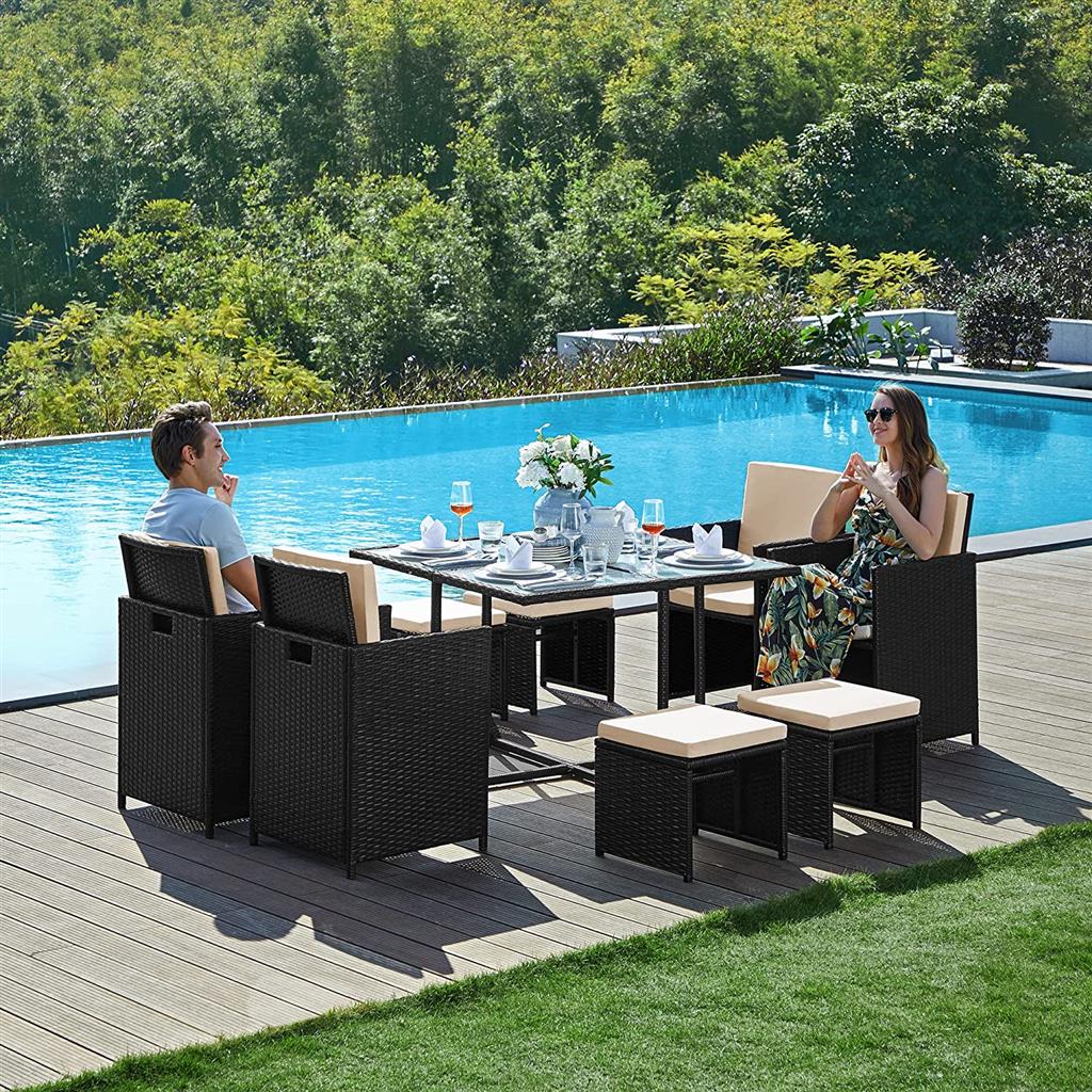 Garden Dining Table and Chairs Set - PE Rattan - Black and Beige - Space-Saving with Cushions