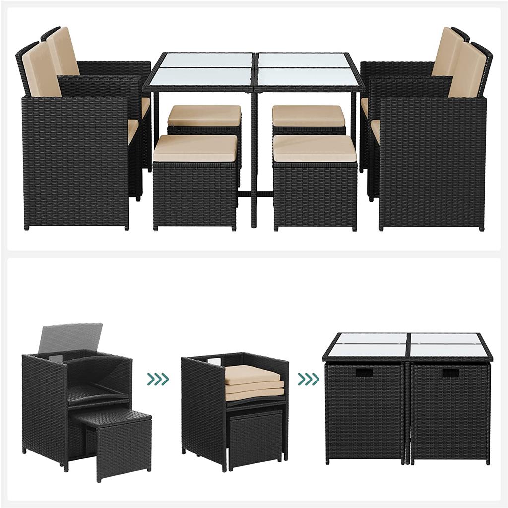 Garden Dining Table and Chairs Set - PE Rattan - Black and Beige - Space-Saving with Cushions