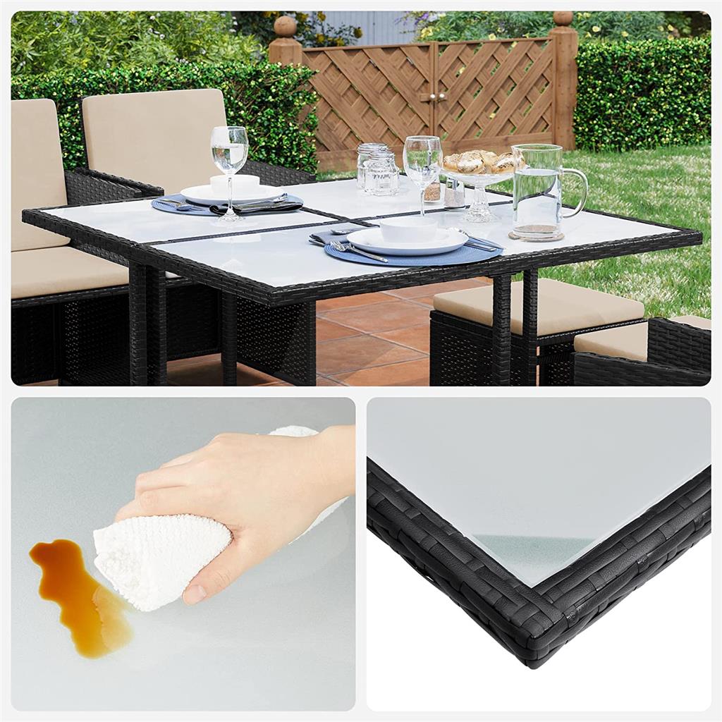 Garden Dining Table and Chairs Set - PE Rattan - Black and Beige - Space-Saving with Cushions