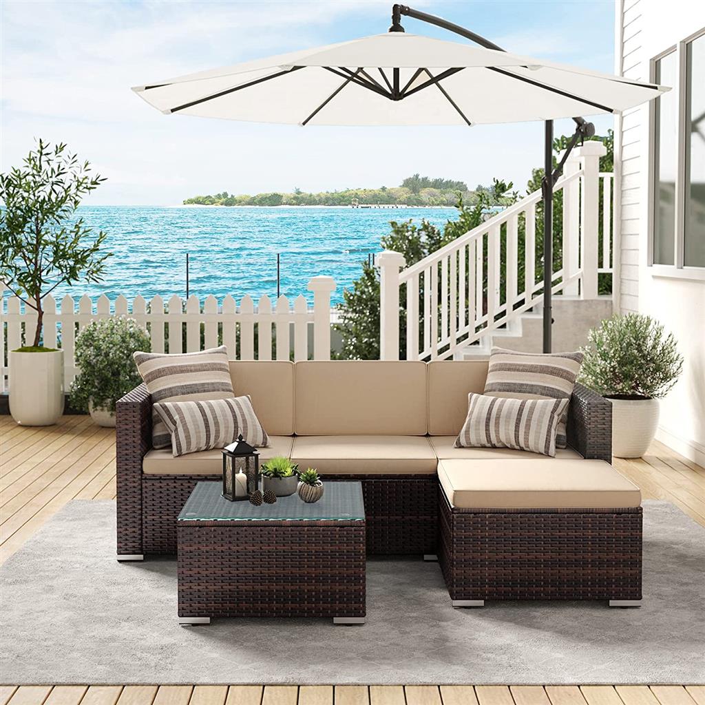 Garden Furniture Set - PE Rattan - Black and Beige - 5-Piece Patio Conversation Set with Cushions and Glass Table