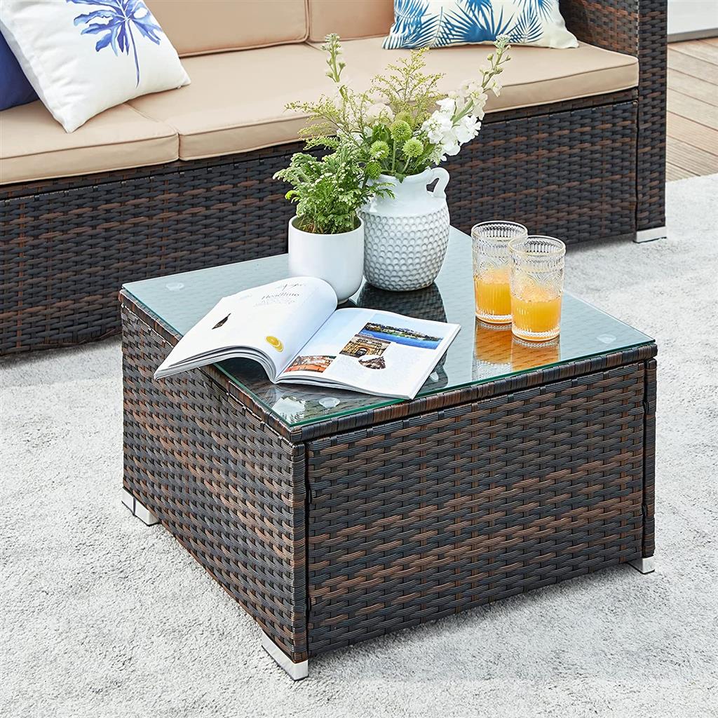 Garden Furniture Set - PE Rattan - Black and Beige - 5-Piece Patio Conversation Set with Cushions and Glass Table