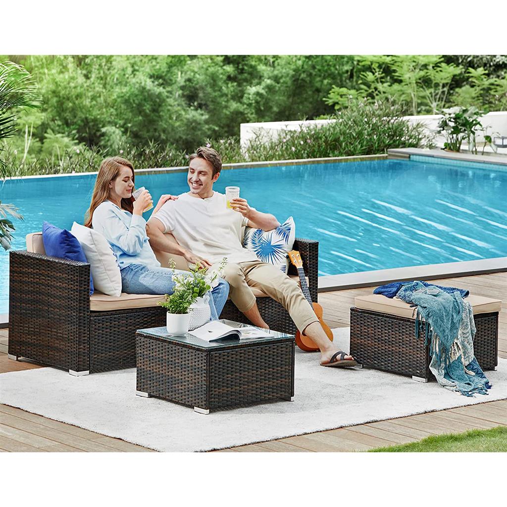 Garden Furniture Set - PE Rattan - Black and Beige - 5-Piece Patio Conversation Set with Cushions and Glass Table